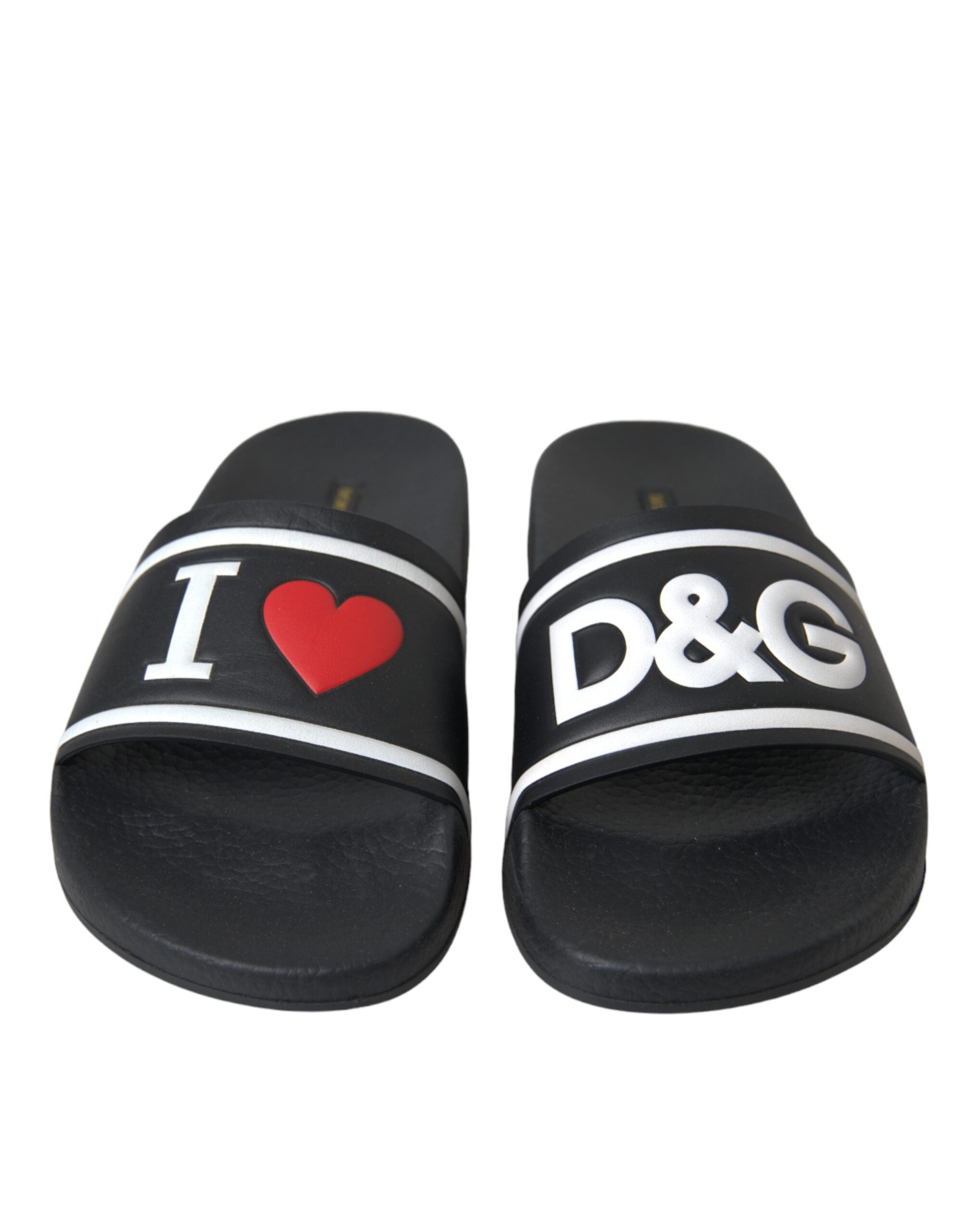 Dolce & Gabbana Black Leather I Love D&G Sandals Slides Women's Shoes