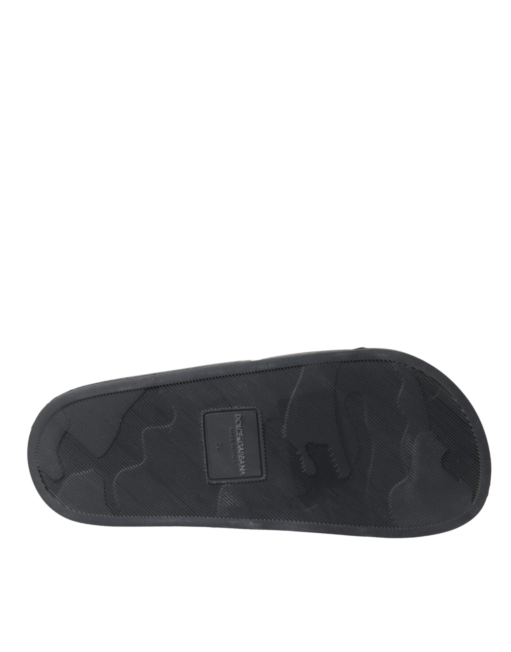 Dolce & Gabbana Black Leather I Love D&G Sandals Slides Women's Shoes