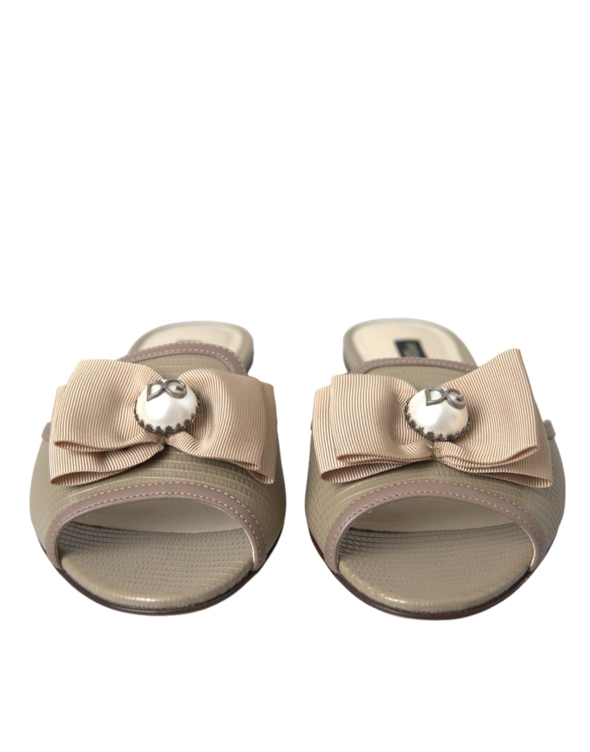 Dolce & Gabbana Beige Logo Pearl Flats Sandals Slides Women's Shoes