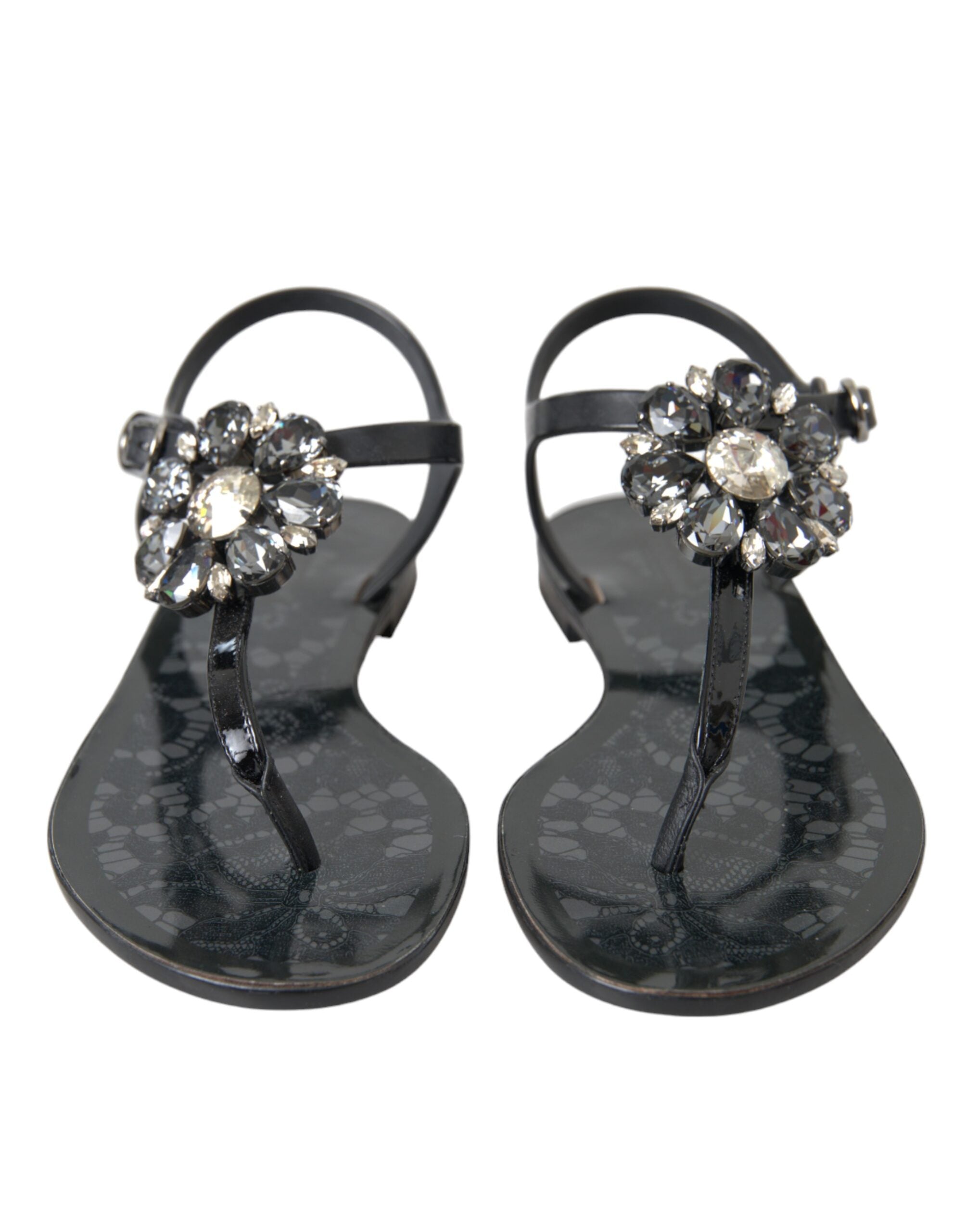 Dolce & Gabbana Black Crystal Flats Sandals Flip Flops Women's Shoes