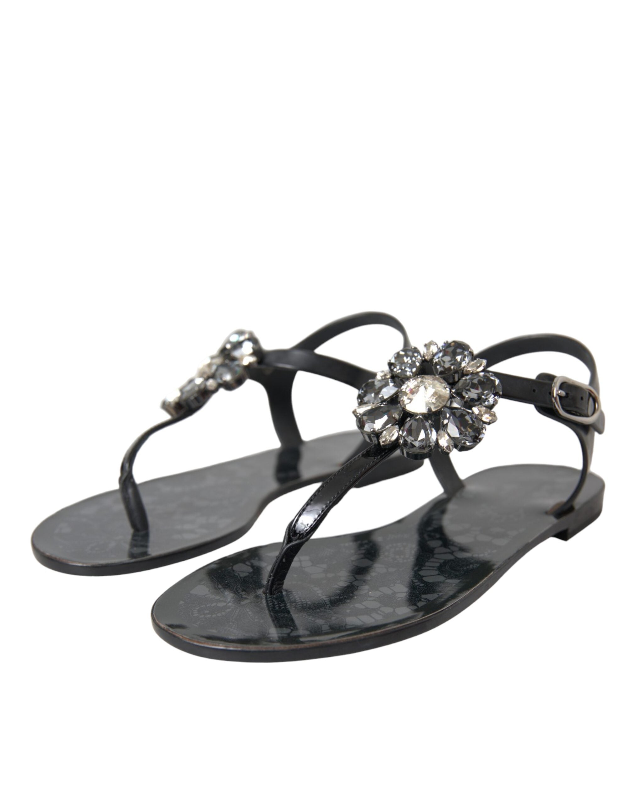 Dolce & Gabbana Black Crystal Flats Sandals Flip Flops Women's Shoes