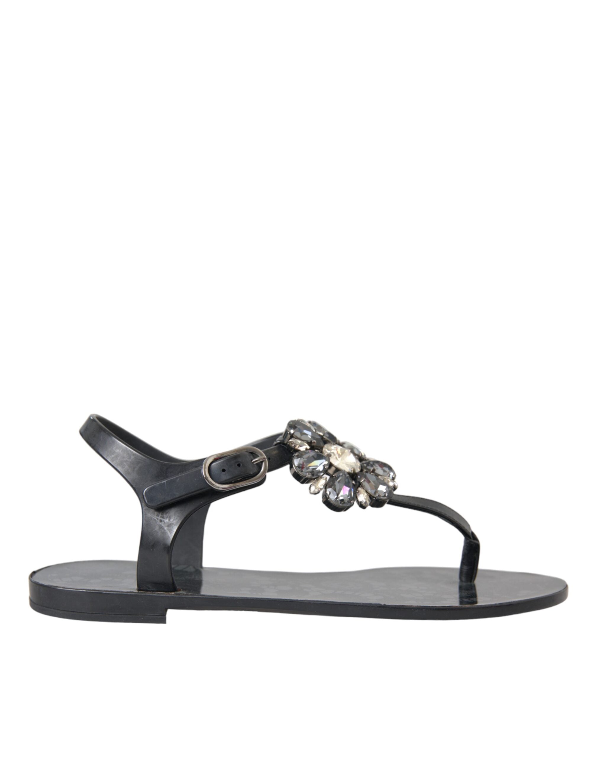 Dolce & Gabbana Black Crystal Flats Sandals Flip Flops Women's Shoes
