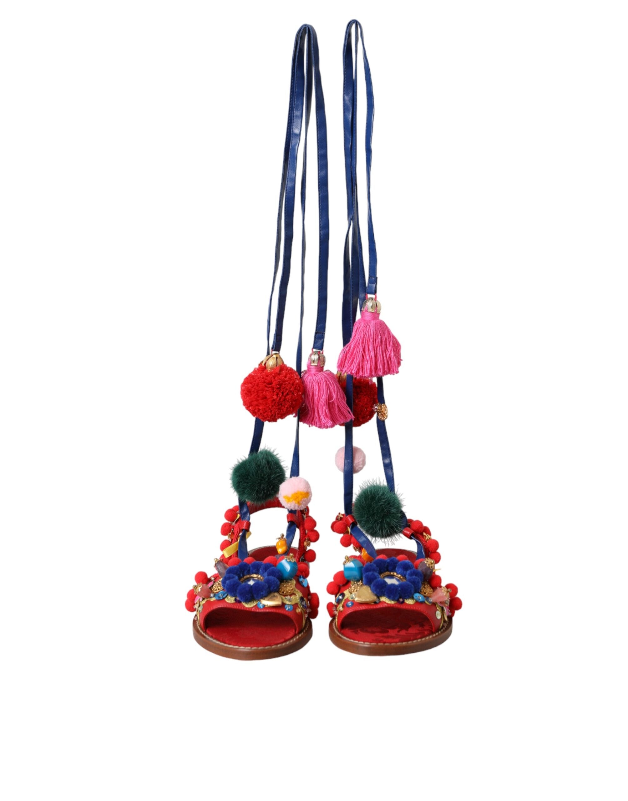 Dolce & Gabbana Multicolor Pom Pom Fur Wrap Sandals Women's Shoes