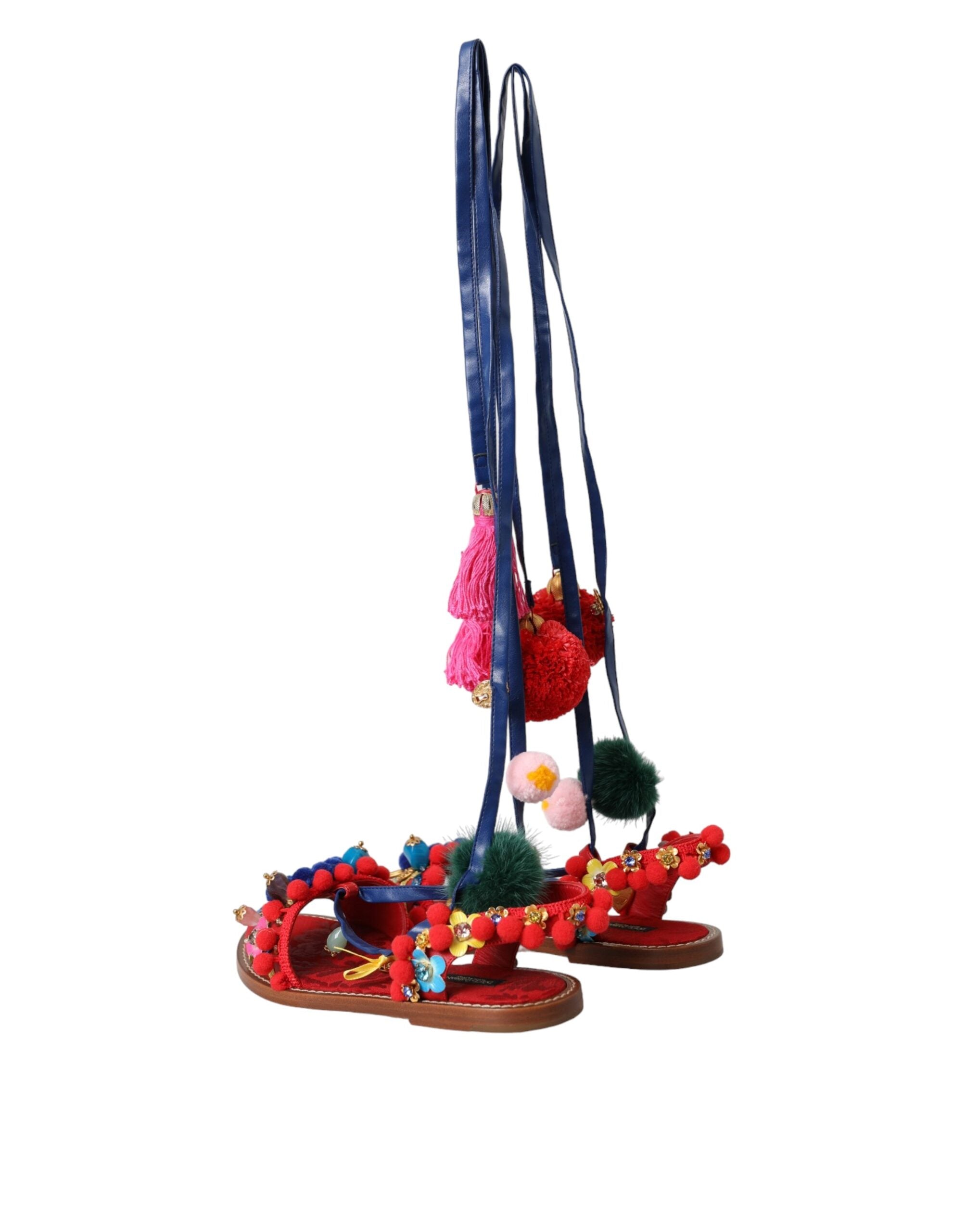 Dolce & Gabbana Multicolor Pom Pom Fur Wrap Sandals Women's Shoes