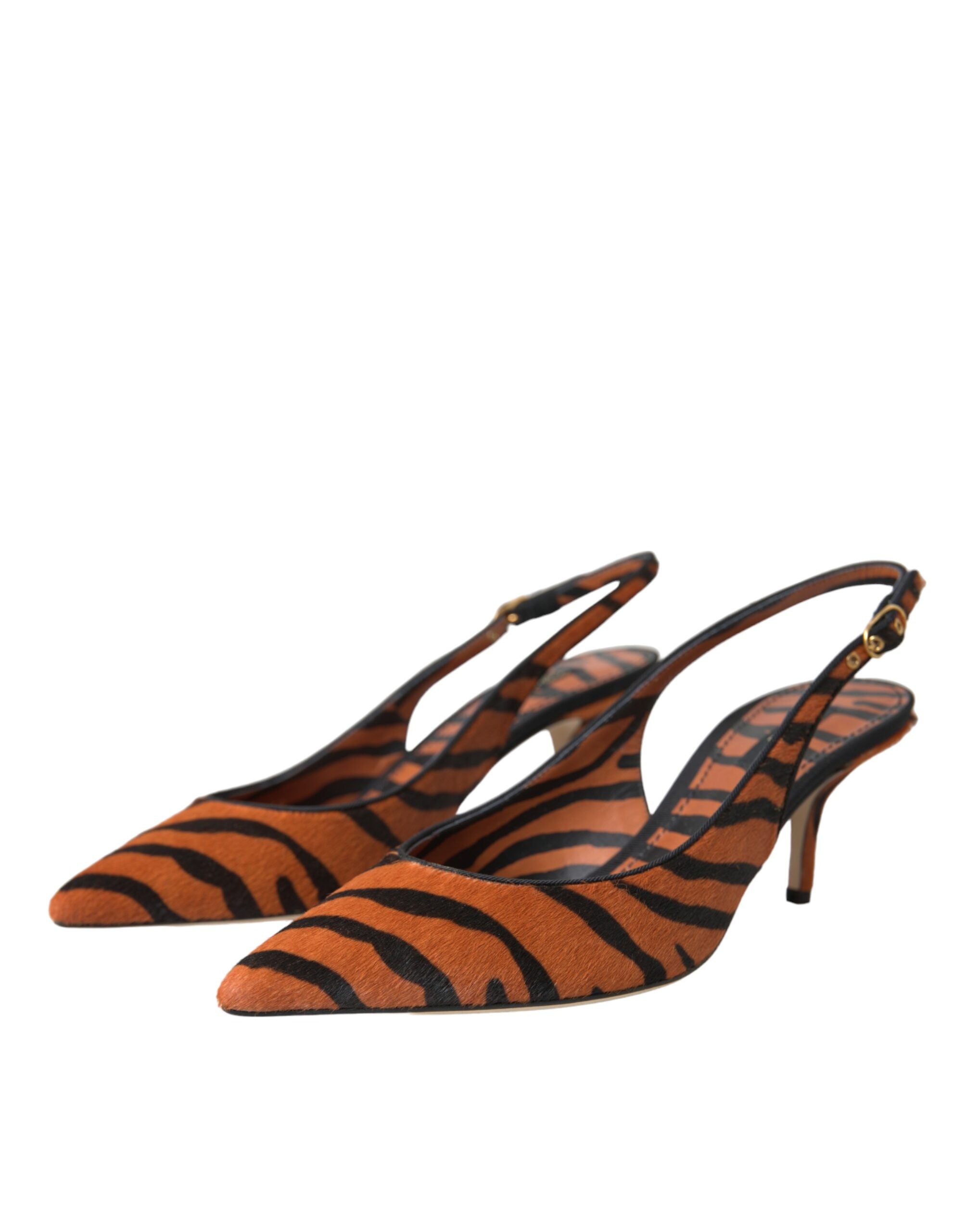 Dolce & Gabbana Black Orange Zebra Leather Slingbacks Women's Shoes