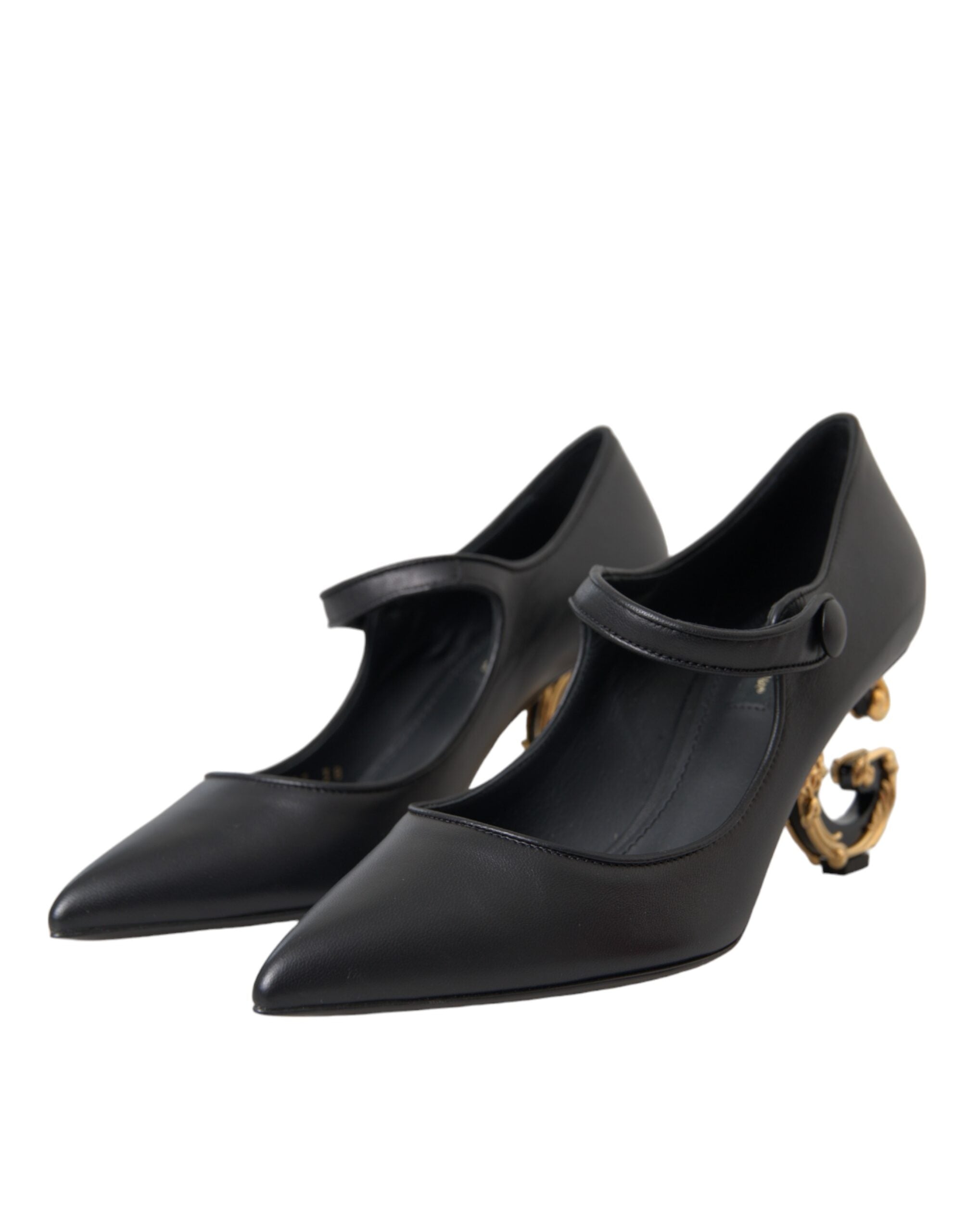 Dolce & Gabbana Black Leather Logo Heels Mary Janes Pumps Women's Shoes