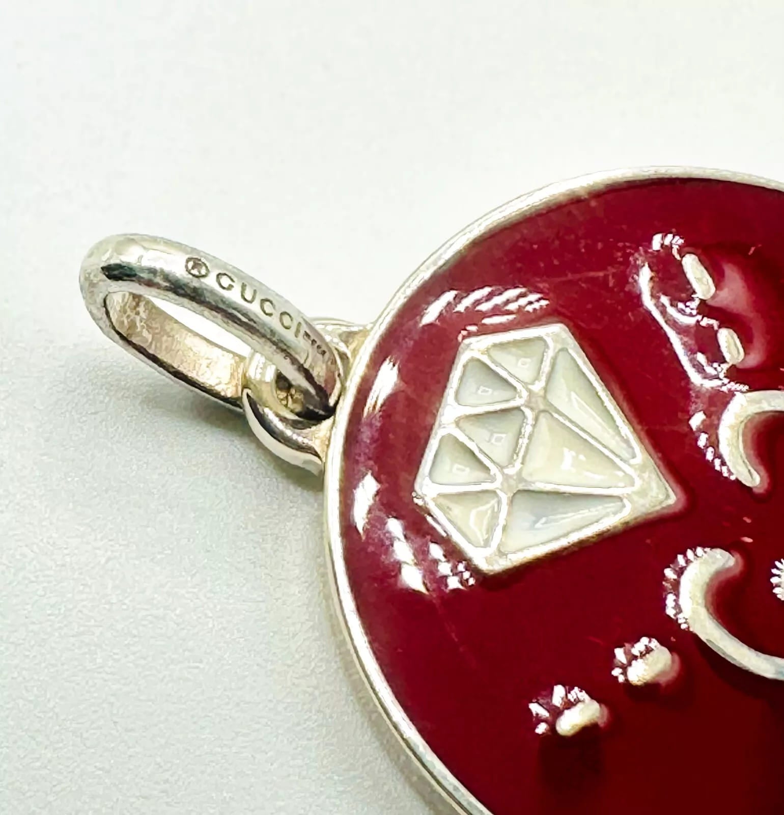 Gucci Red Enamel Round Silver Pendant Charm w/Diamond Motif