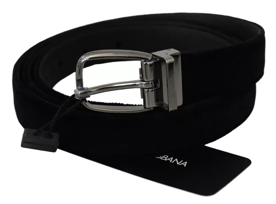 Dolce & Gabbana Black Velvet Silver Tone Metal Buckle Men Men's Belt