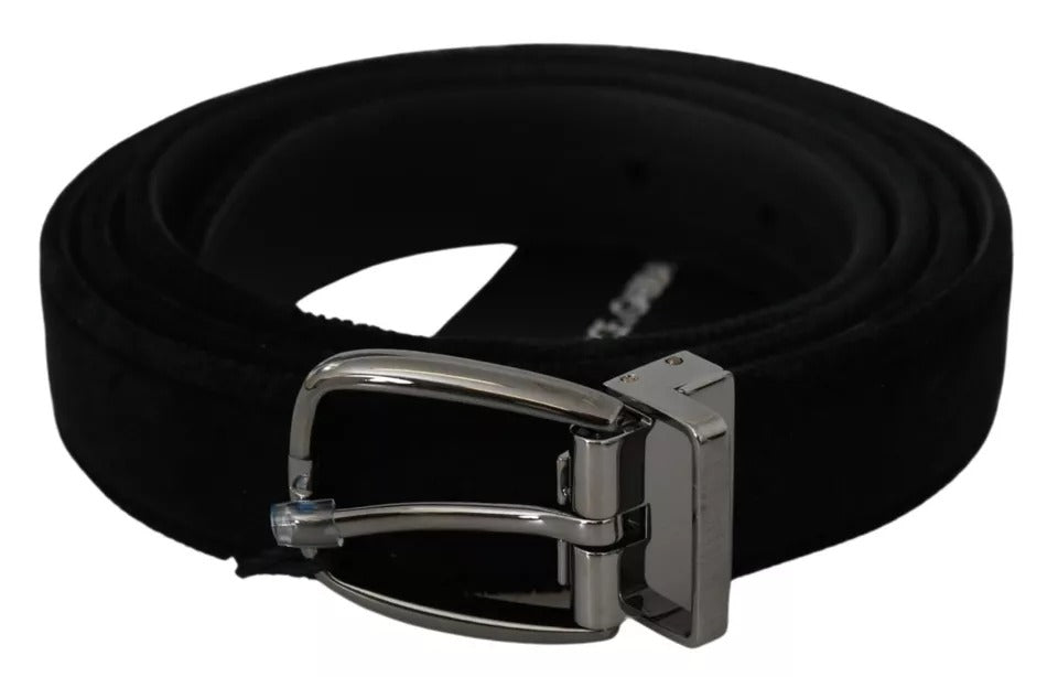 Dolce & Gabbana Black Velvet Silver Tone Metal Buckle Men Men's Belt