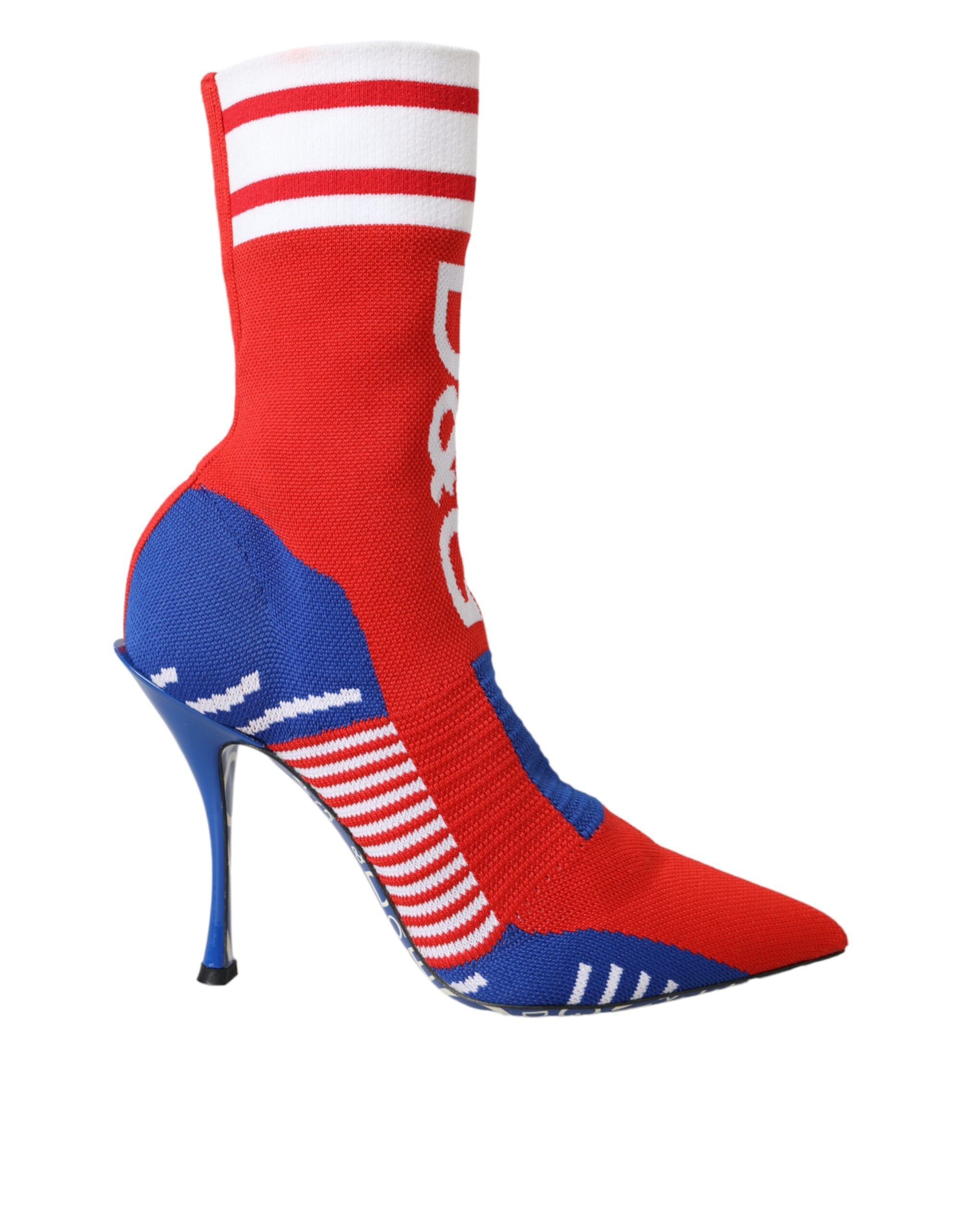 Dolce & Gabbana Red Blue Stretch Sock Style Ankle Boots Logo Women's Shoes