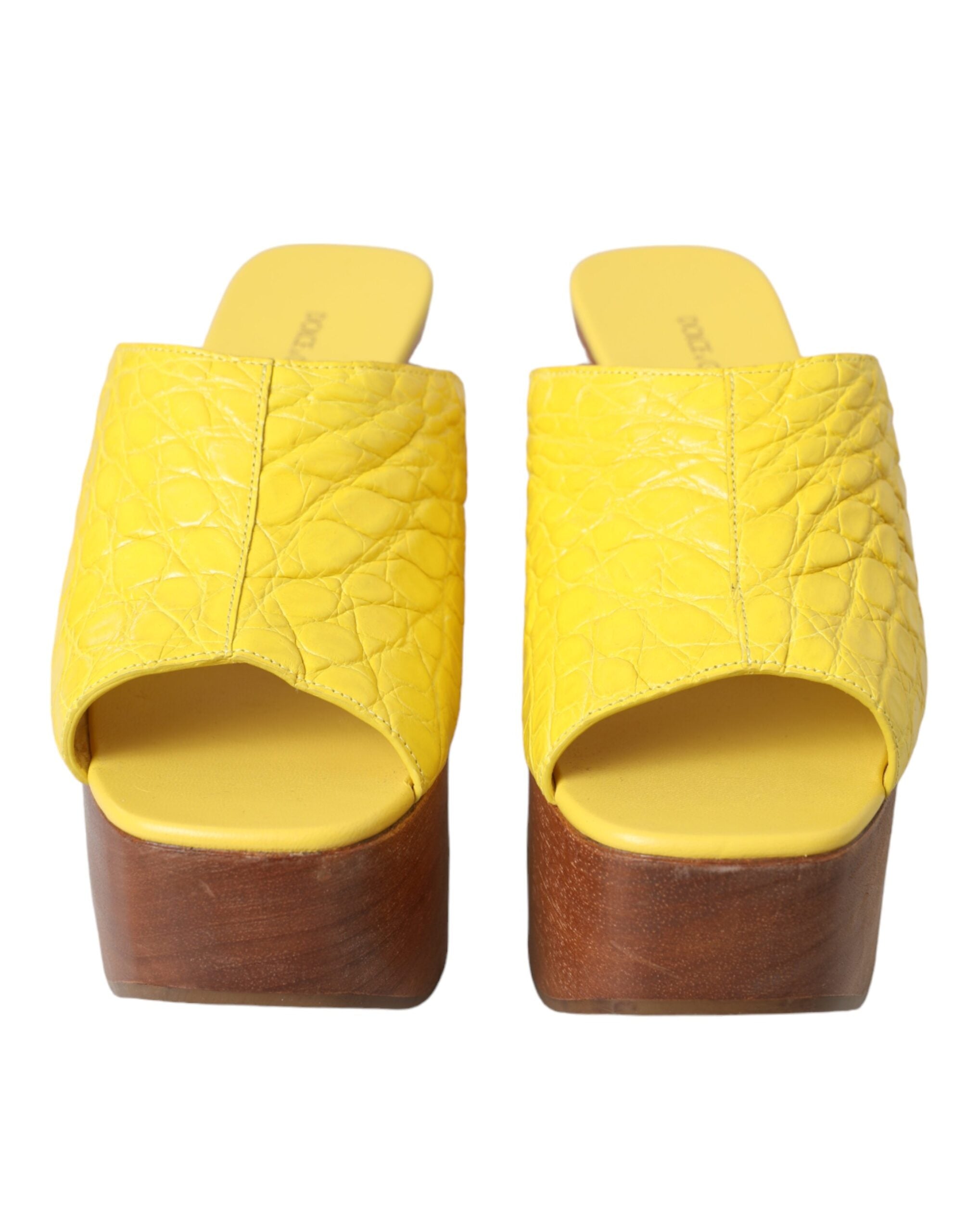Dolce & Gabbana Yellow Leather Wood Mule Wedge Slides Women's Shoes