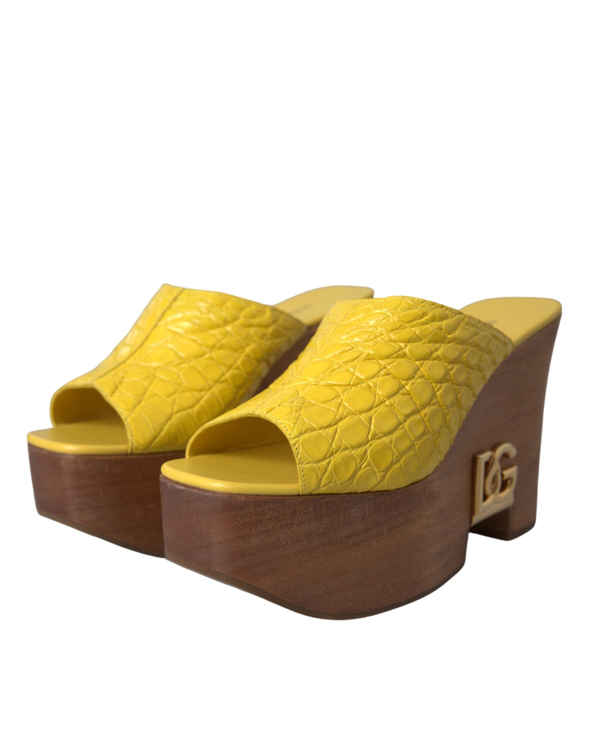 Dolce & Gabbana Yellow Leather Wood Mule Wedge Slides Women's Shoes