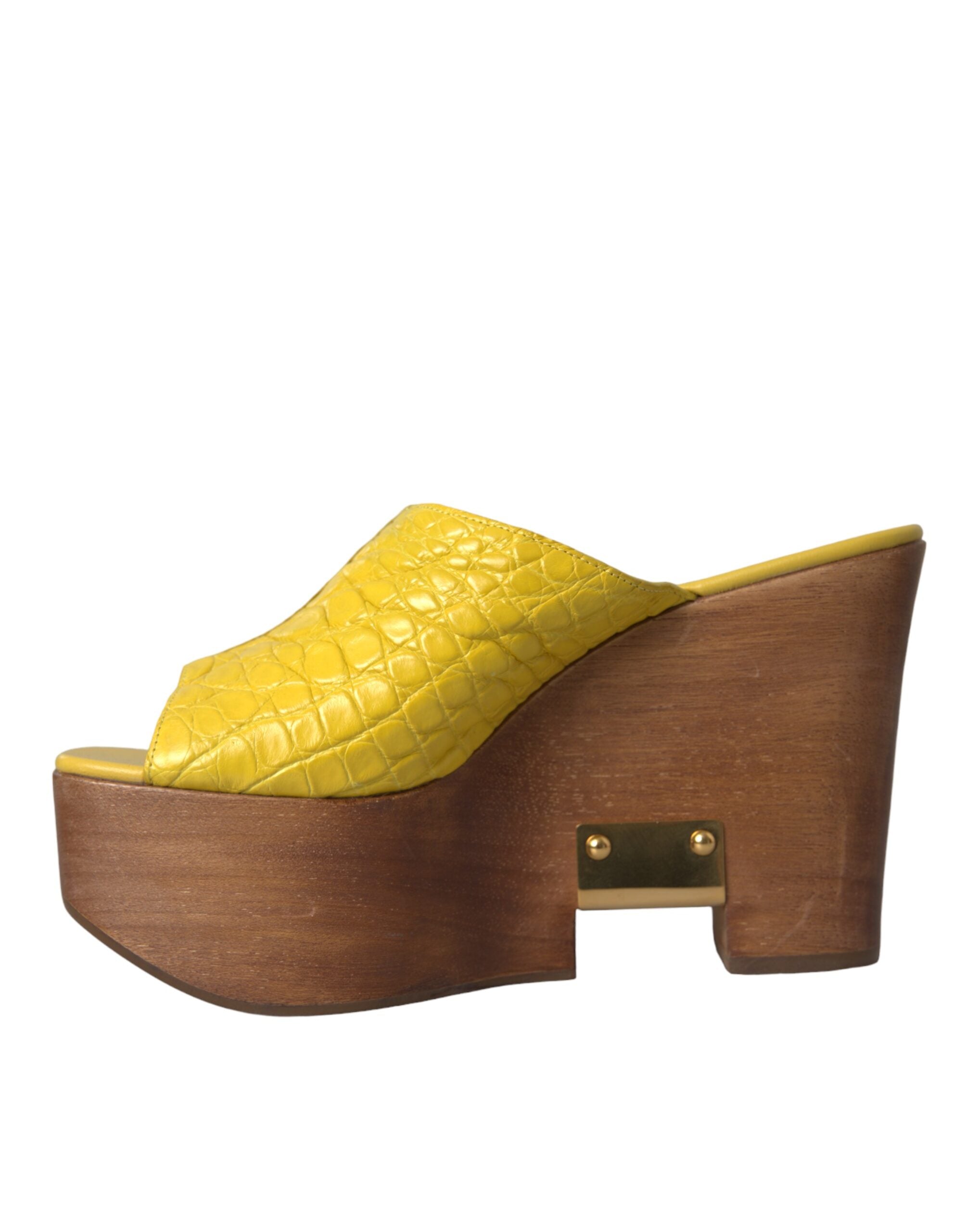 Dolce & Gabbana Yellow Leather Wood Mule Wedge Slides Women's Shoes