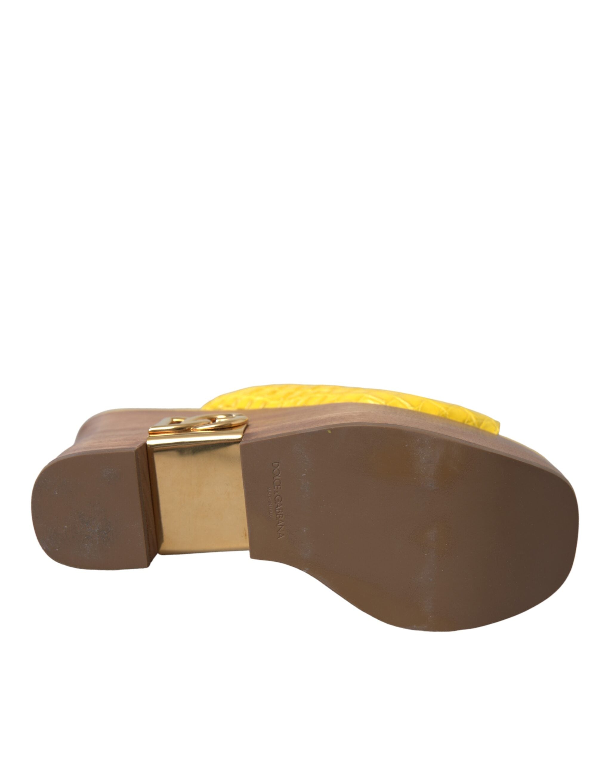 Dolce & Gabbana Yellow Leather Wood Mule Wedge Slides Women's Shoes