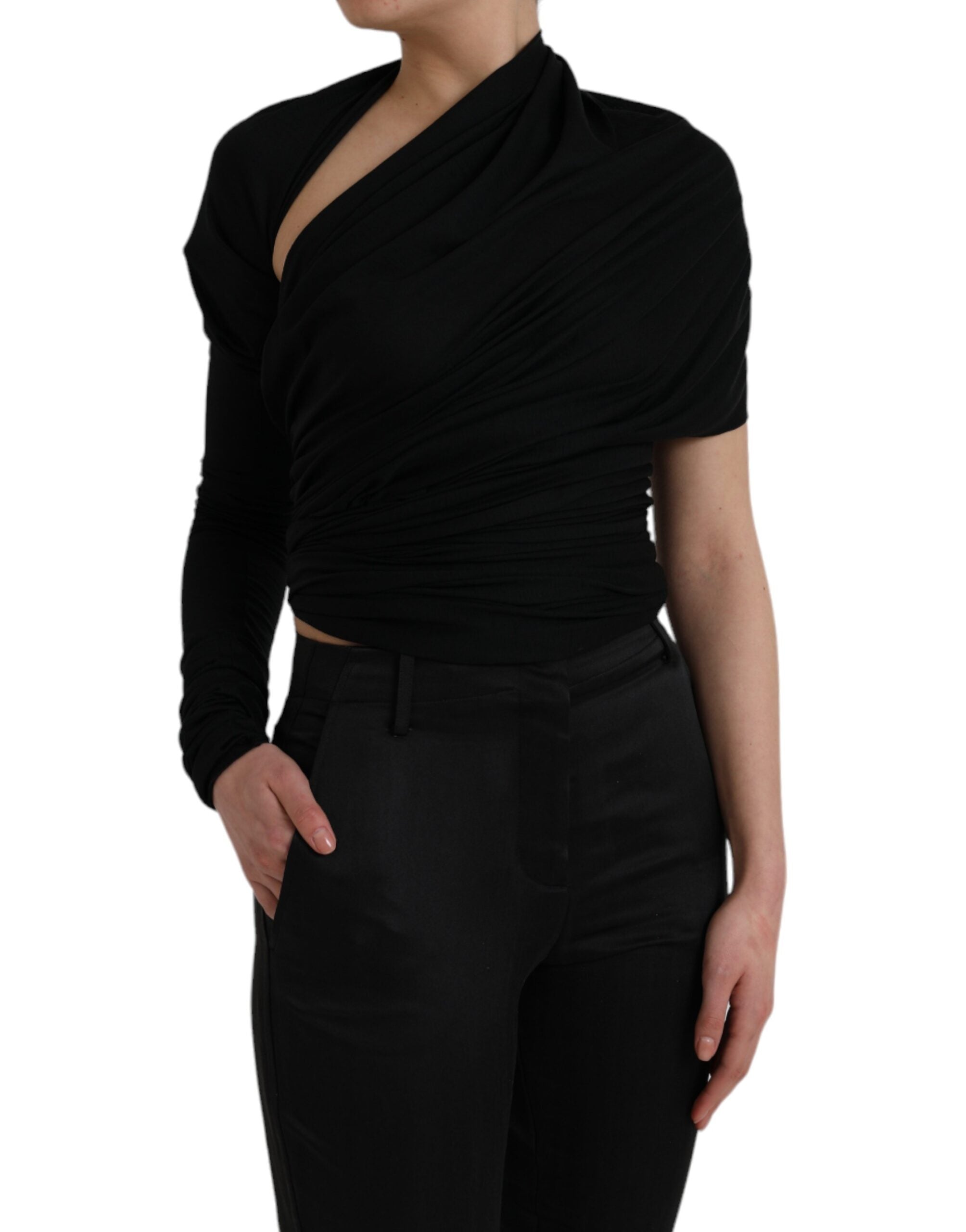 Dolce & Gabbana Black Wool Cutout Asymmetric Long Sleeve Women's Top