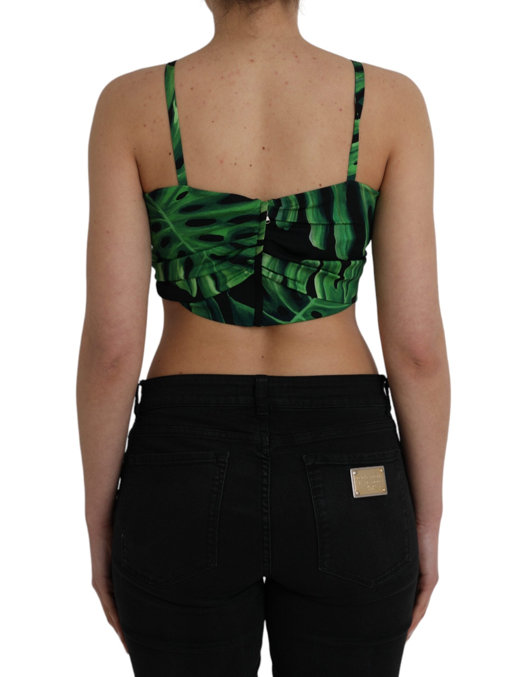 Dolce & Gabbana Black Green Leaf Silk Halter Cropped Women's Top