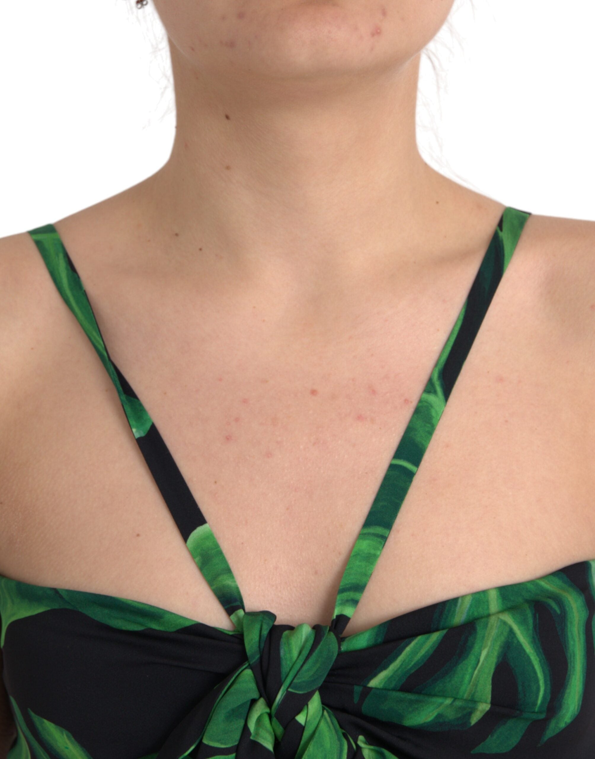 Dolce & Gabbana Black Green Leaf Silk Halter Cropped Women's Top