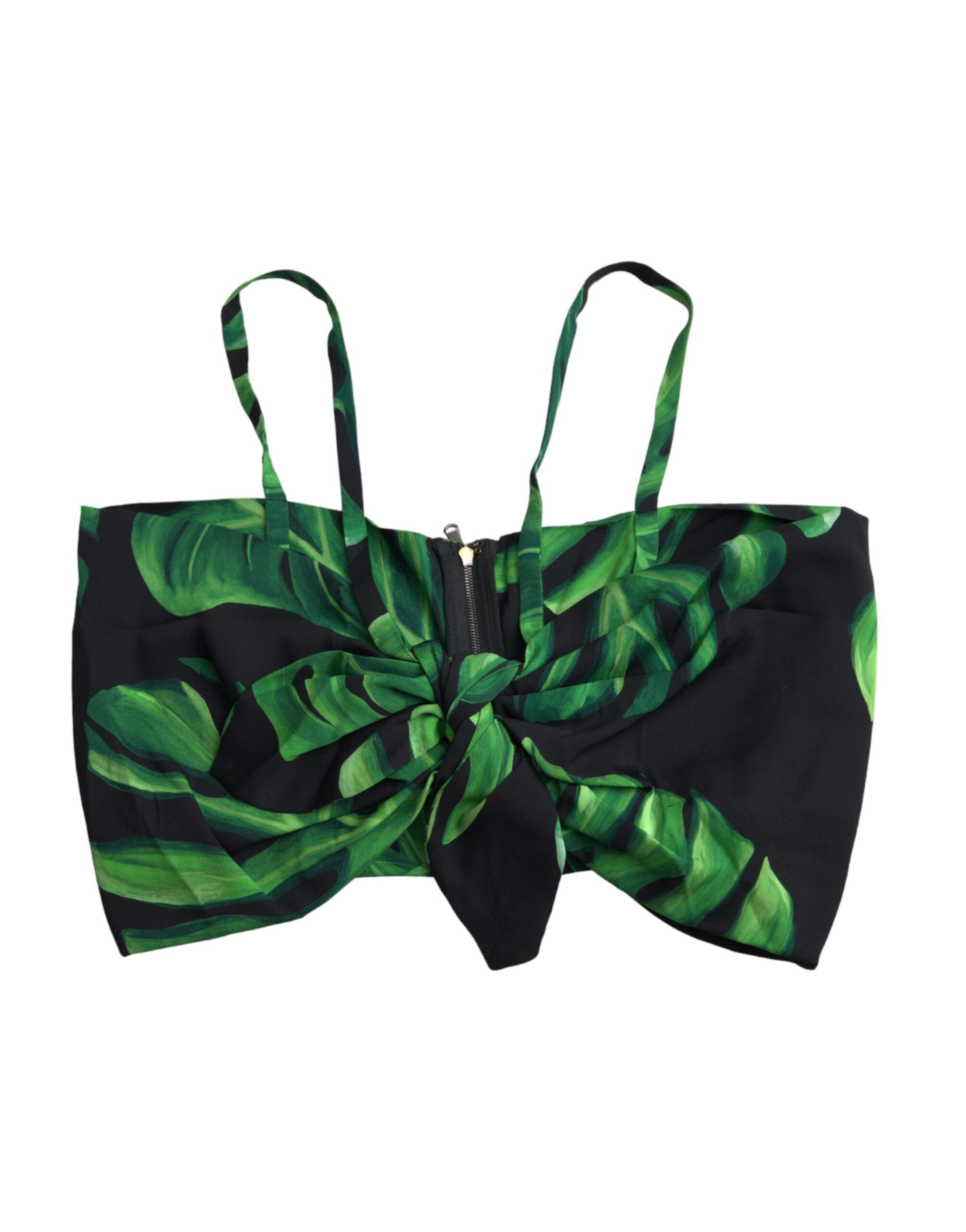 Dolce & Gabbana Black Green Leaf Silk Halter Cropped Women's Top