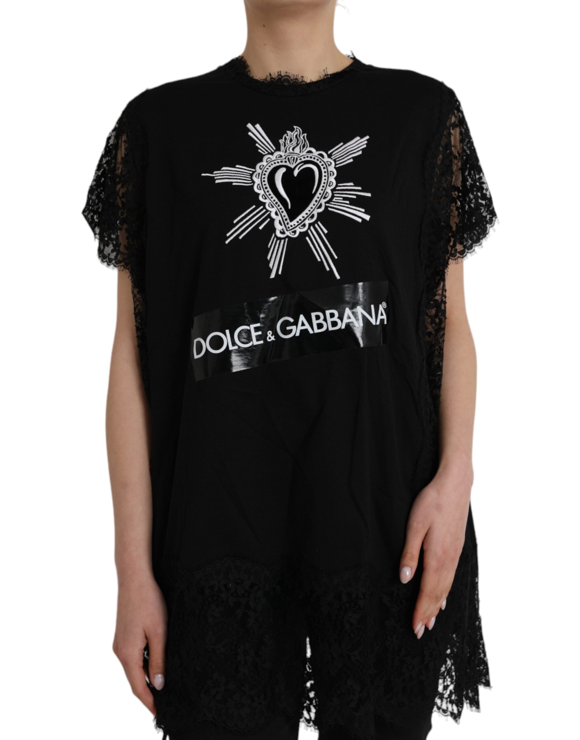 Dolce & Gabbana Black Sacred Heart Print Cotton Lace Women's T-shirt