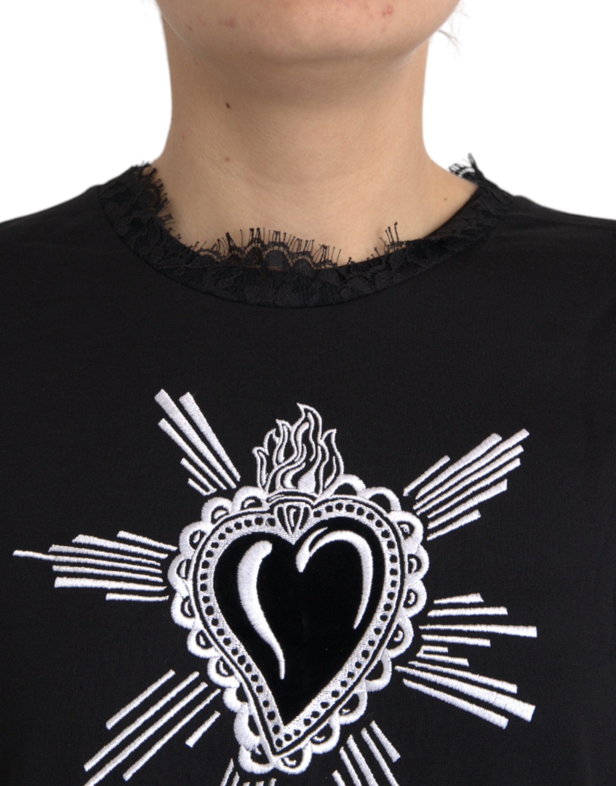 Dolce & Gabbana Black Sacred Heart Print Cotton Lace Women's T-shirt