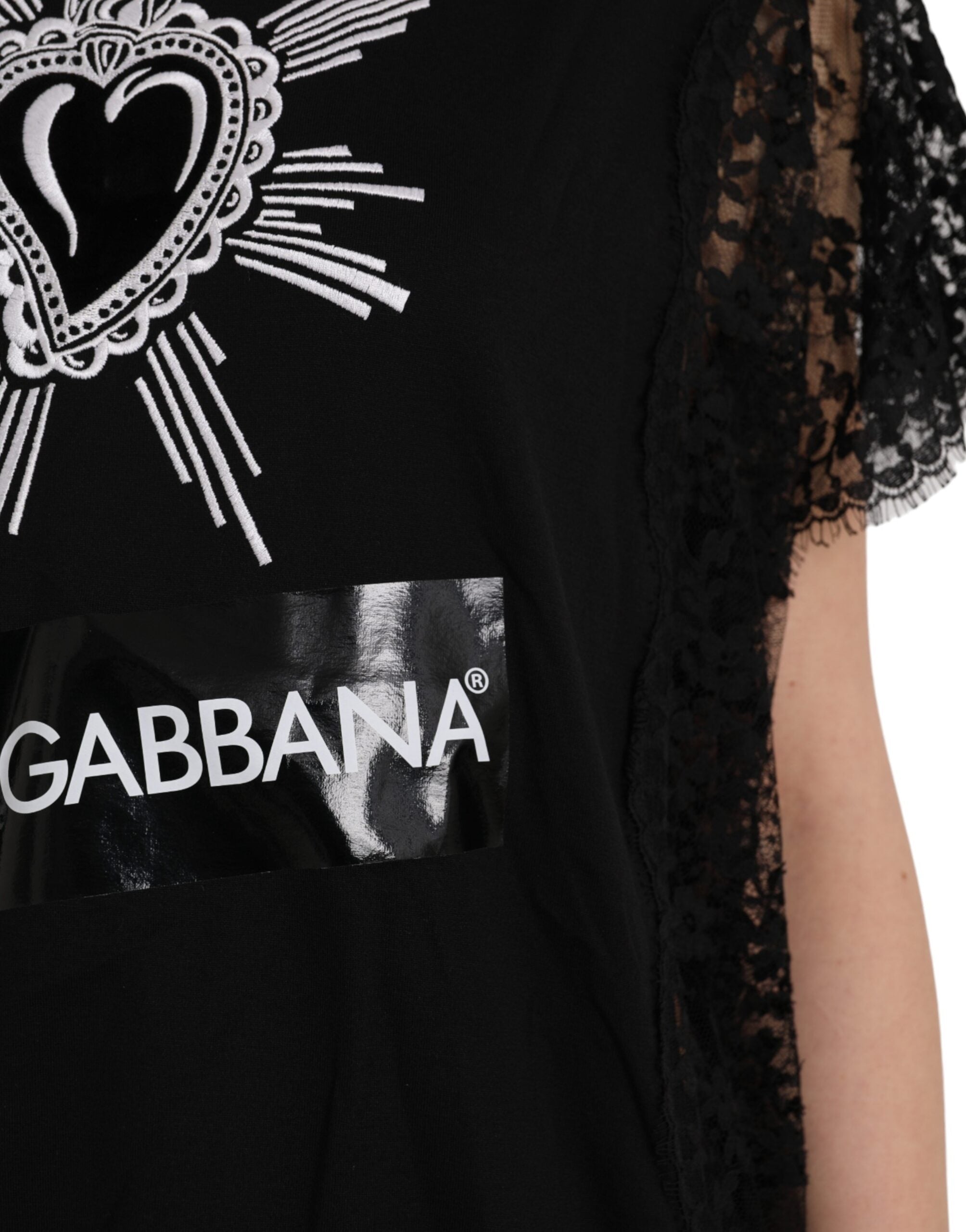 Dolce & Gabbana Black Sacred Heart Print Cotton Lace Women's T-shirt