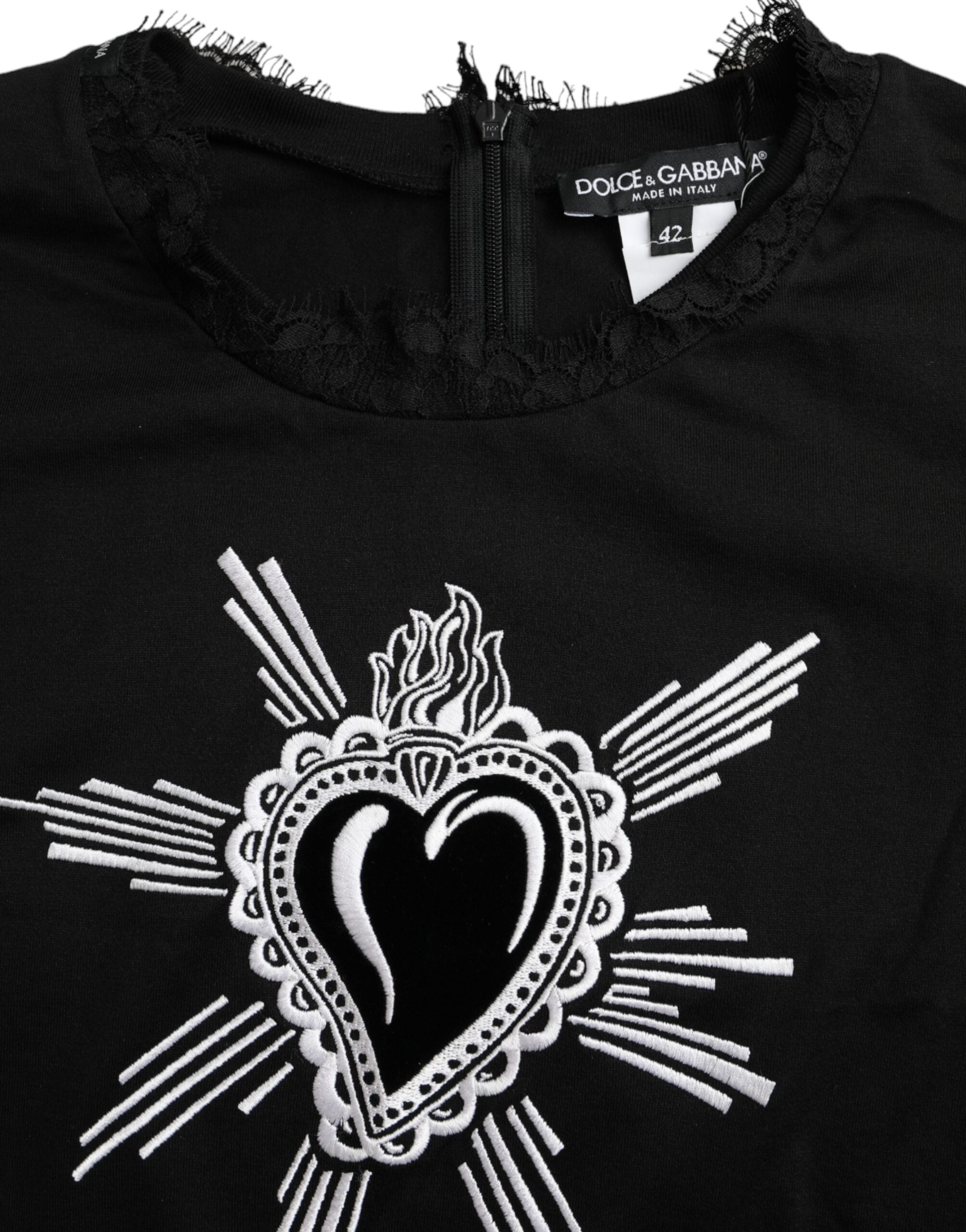 Dolce & Gabbana Black Sacred Heart Print Cotton Lace Women's T-shirt