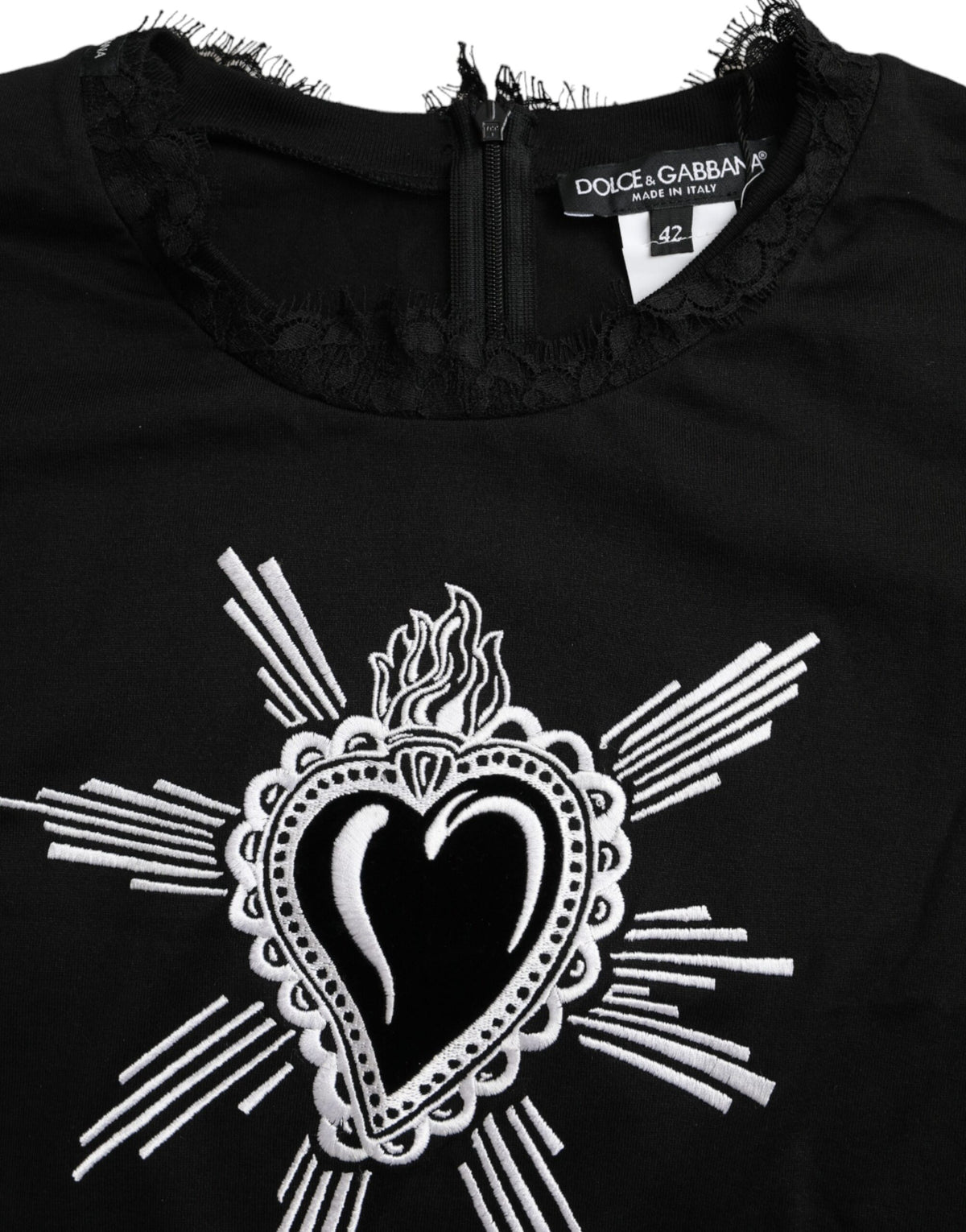 Dolce & Gabbana Black Sacred Heart Print Cotton Lace Women's T-shirt