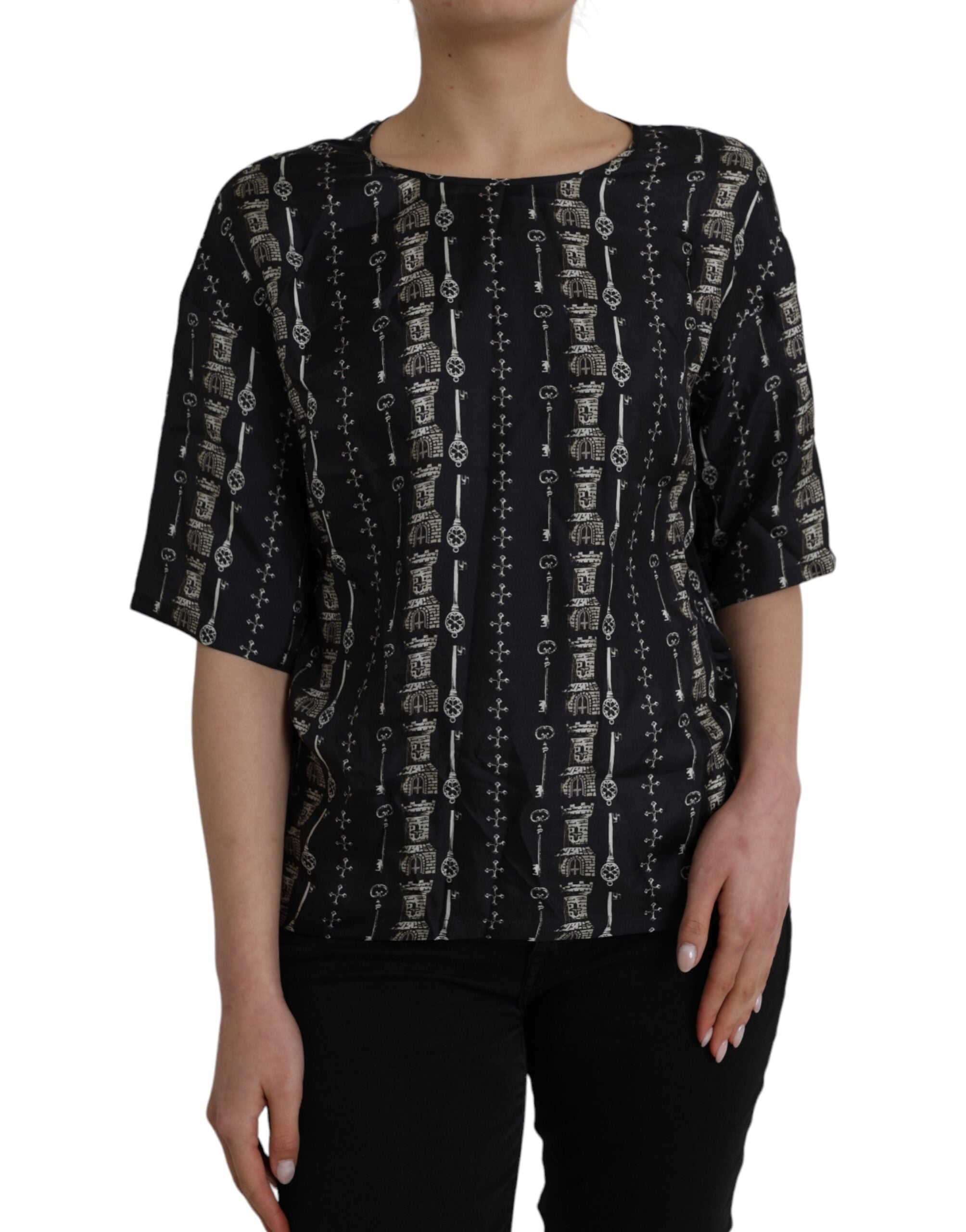 Dolce & Gabbana Black Key Castle Print Silk Blouse Women's T-shirt