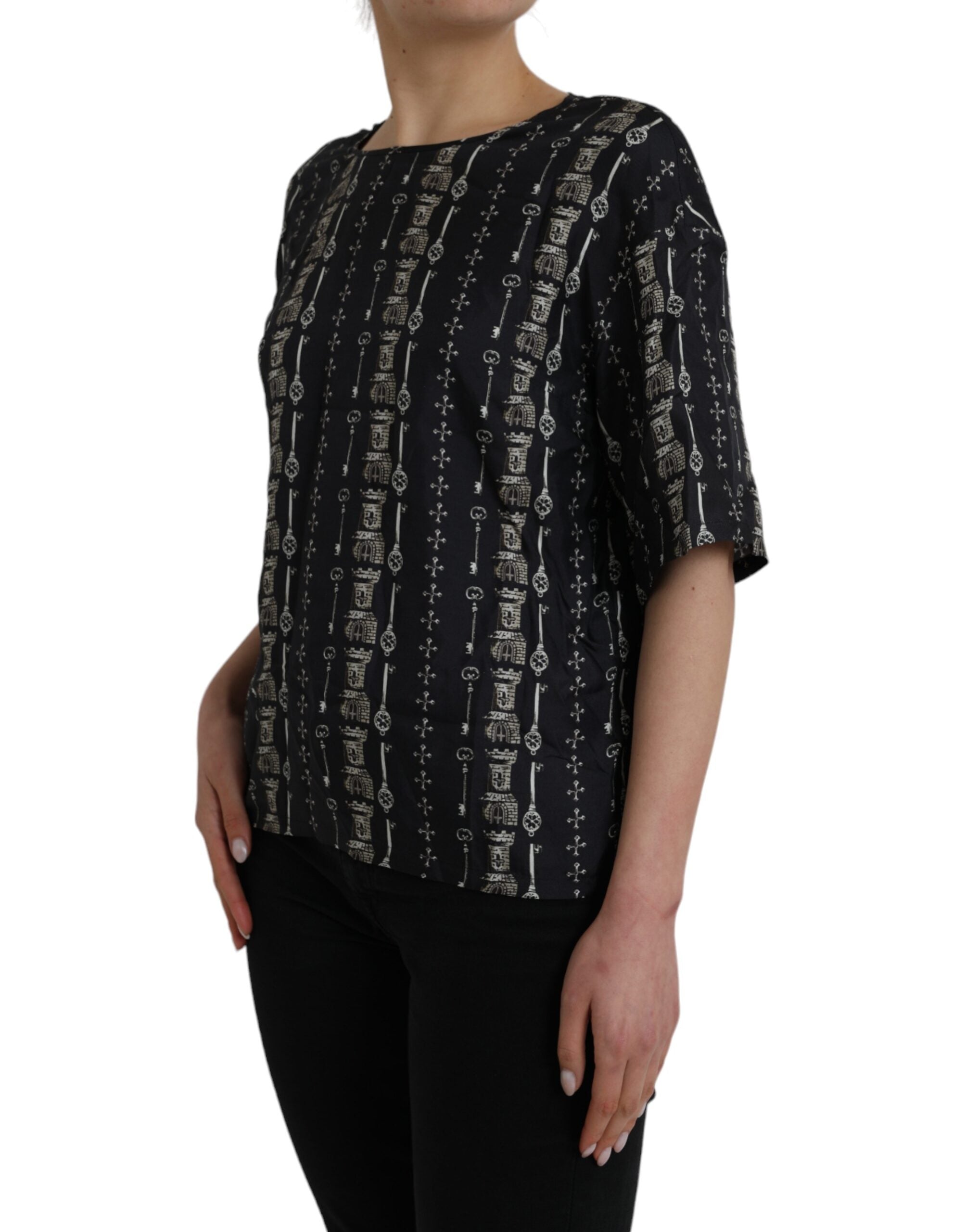 Dolce & Gabbana Black Key Castle Print Silk Blouse Women's T-shirt