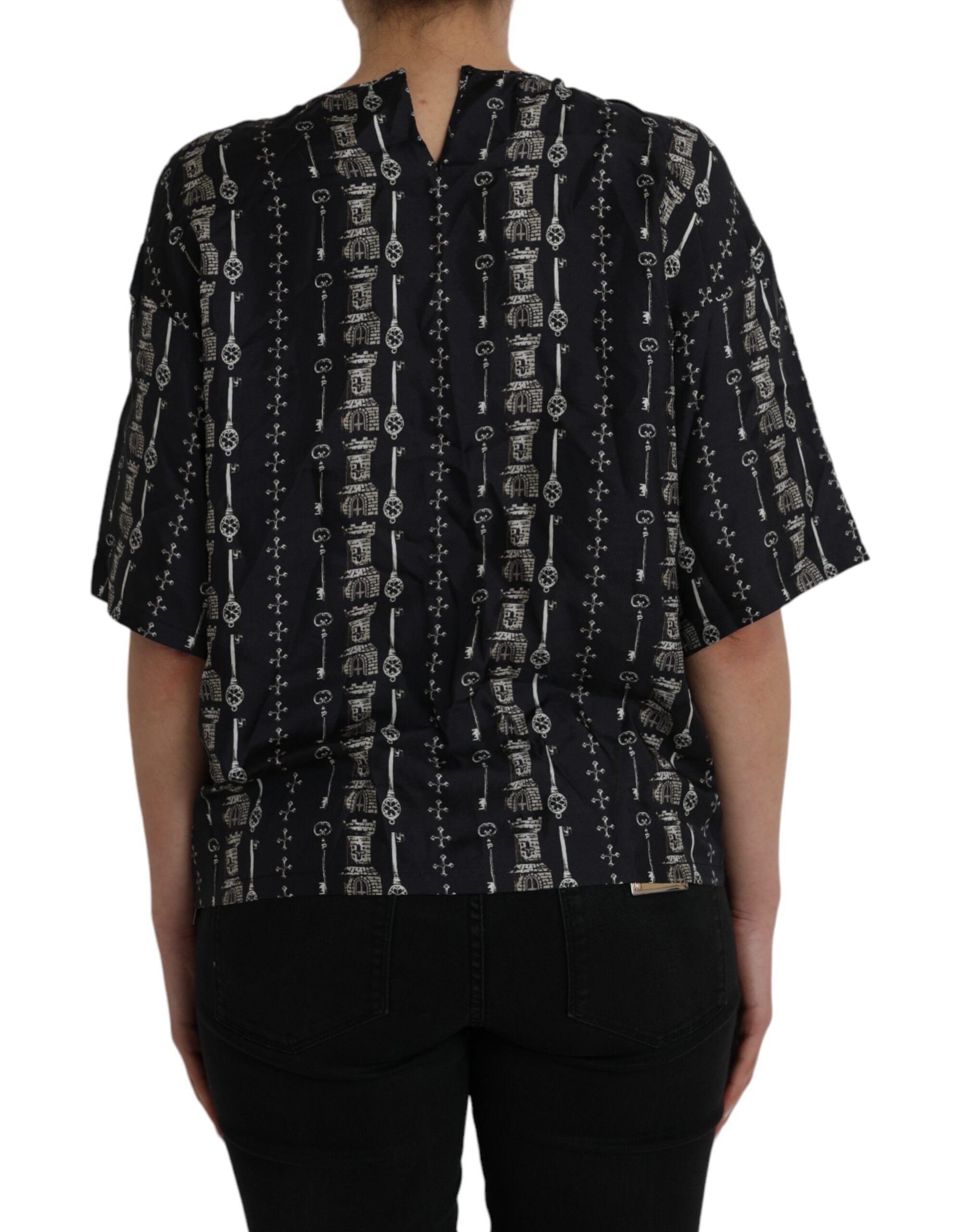 Dolce & Gabbana Black Key Castle Print Silk Blouse Women's T-shirt