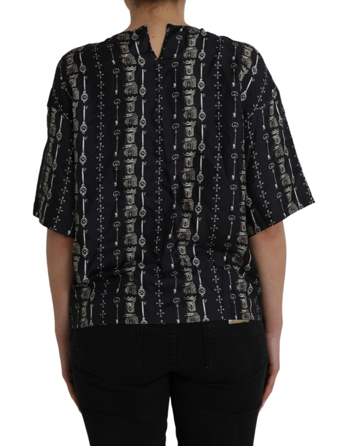 Dolce & Gabbana Black Key Castle Print Silk Blouse Women's T-shirt