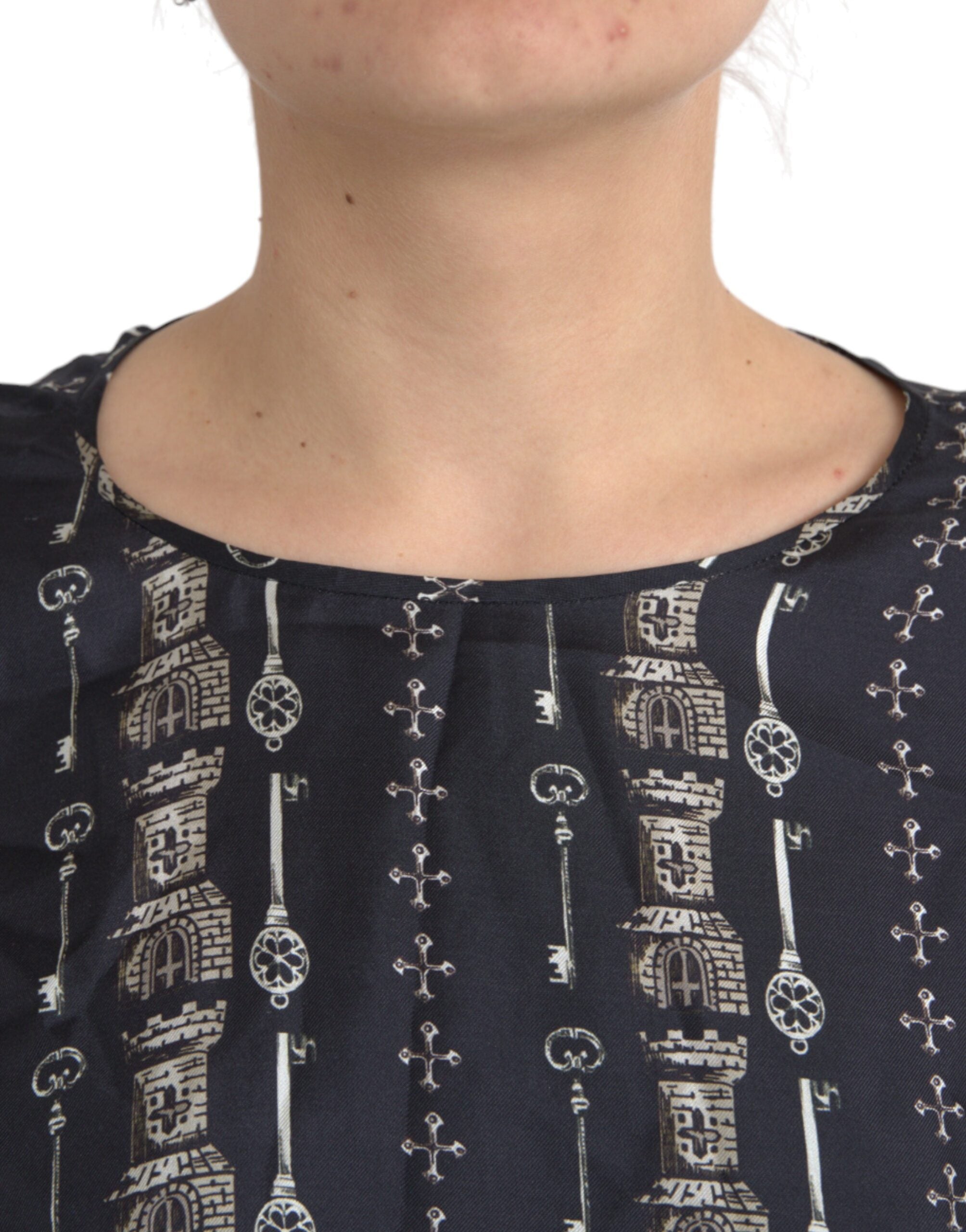 Dolce & Gabbana Black Key Castle Print Silk Blouse Women's T-shirt