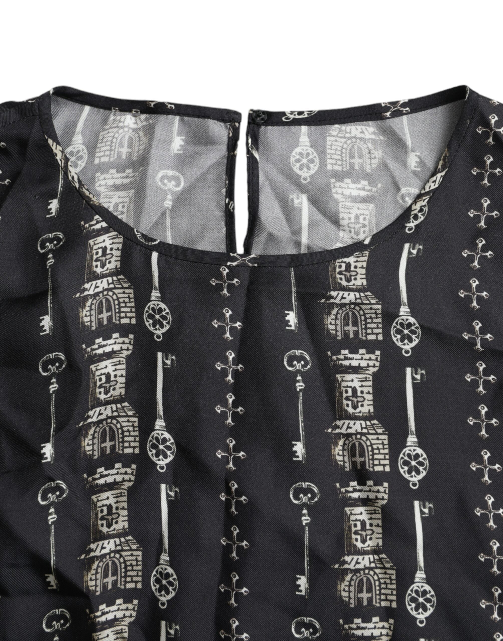 Dolce & Gabbana Black Key Castle Print Silk Blouse Women's T-shirt