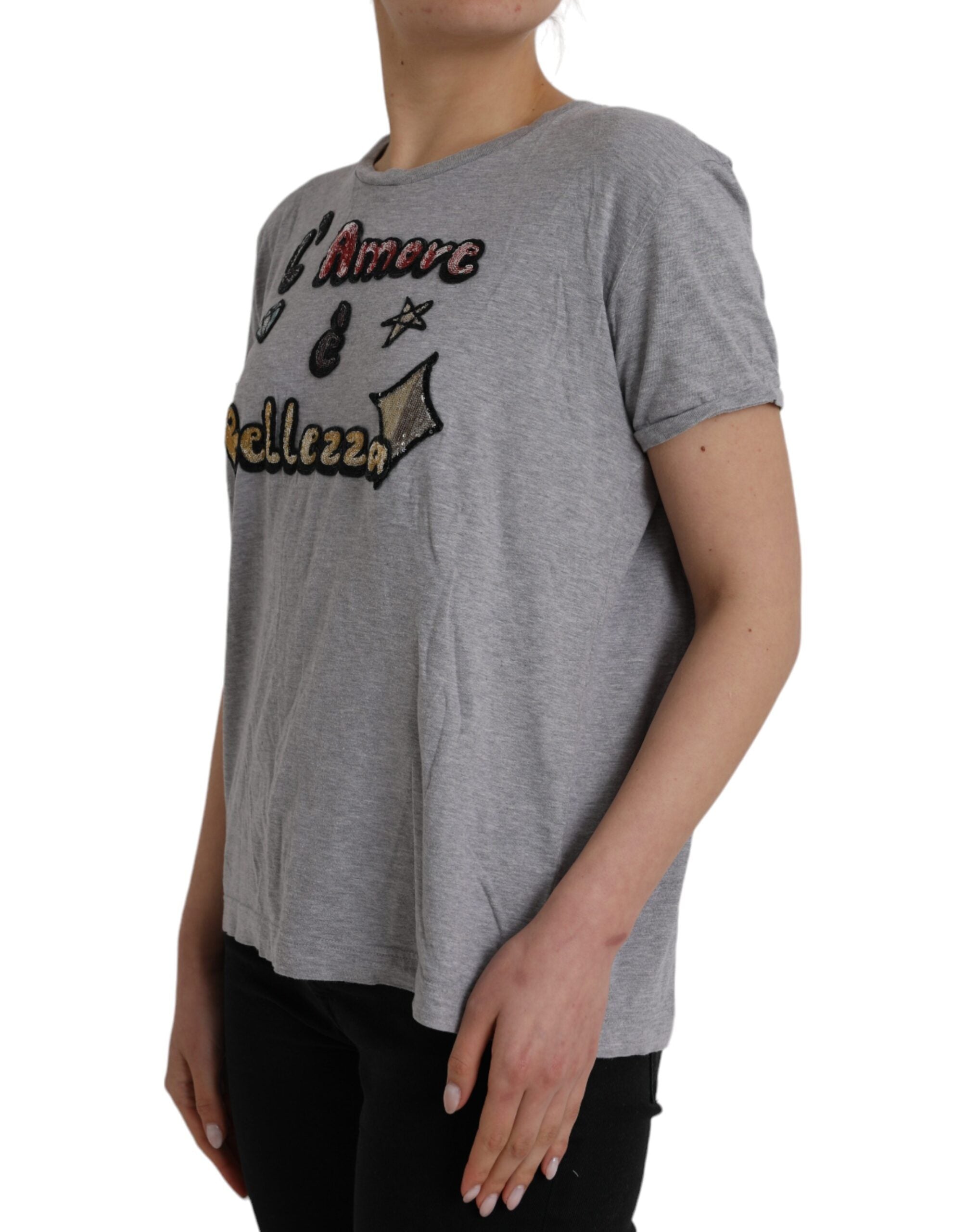 Dolce & Gabbana Gray Cotton L'Amore E'Bellezza Top Women's T-shirt (Pre-Owned)