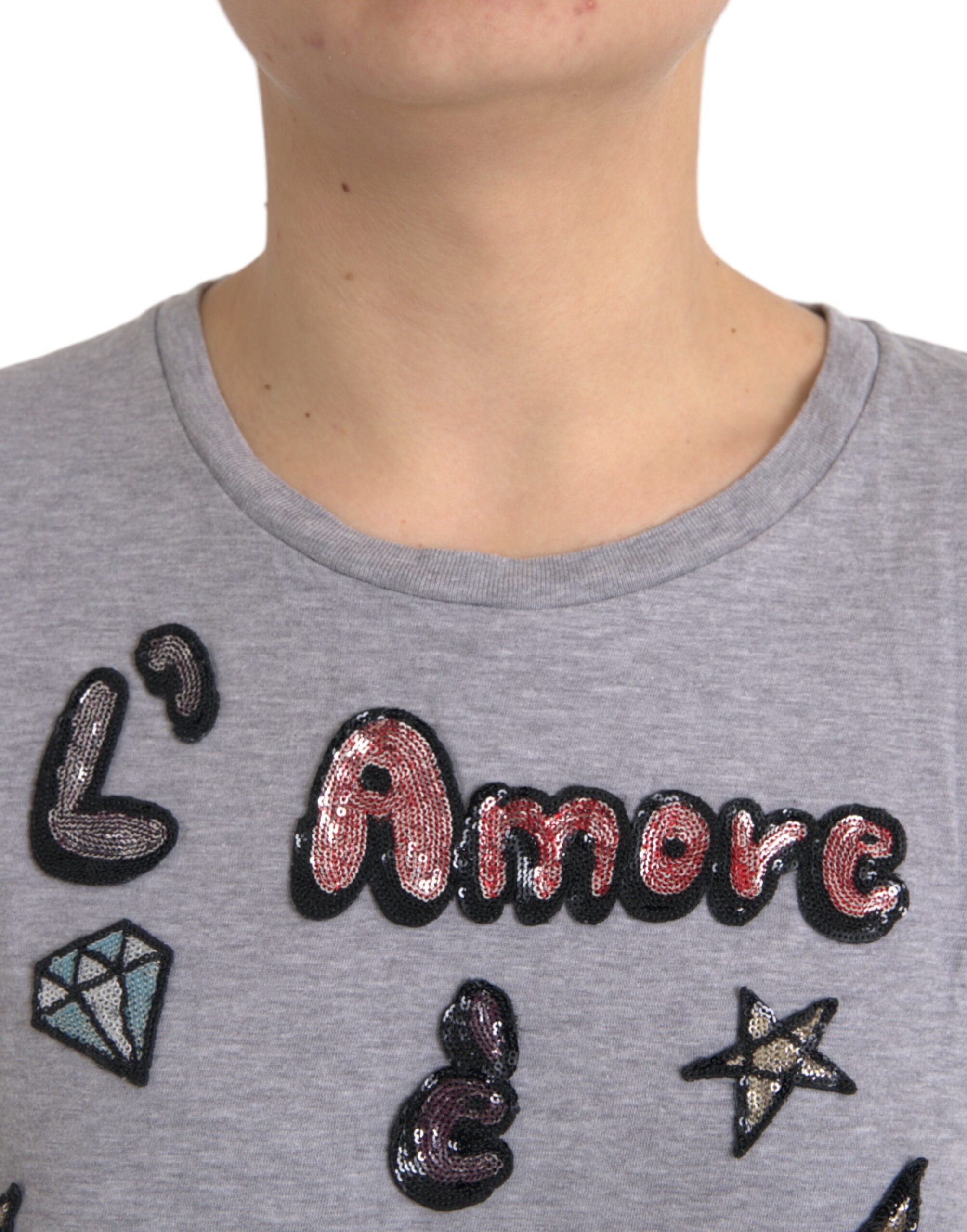 Dolce & Gabbana Gray Cotton L'Amore E'Bellezza Top Women's T-shirt (Pre-Owned)