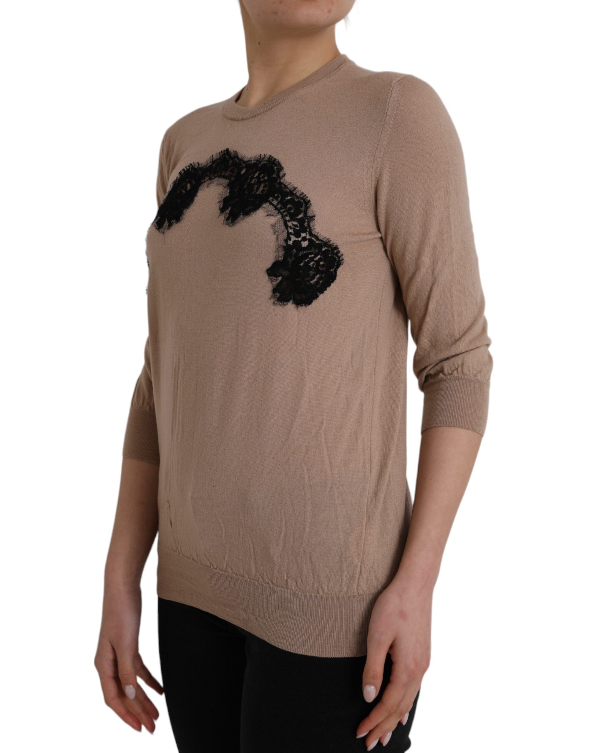 Dolce & Gabbana Brown Wool Black Lace 3/4 Sleeve Blouse Women's Top (Pre-Owned)