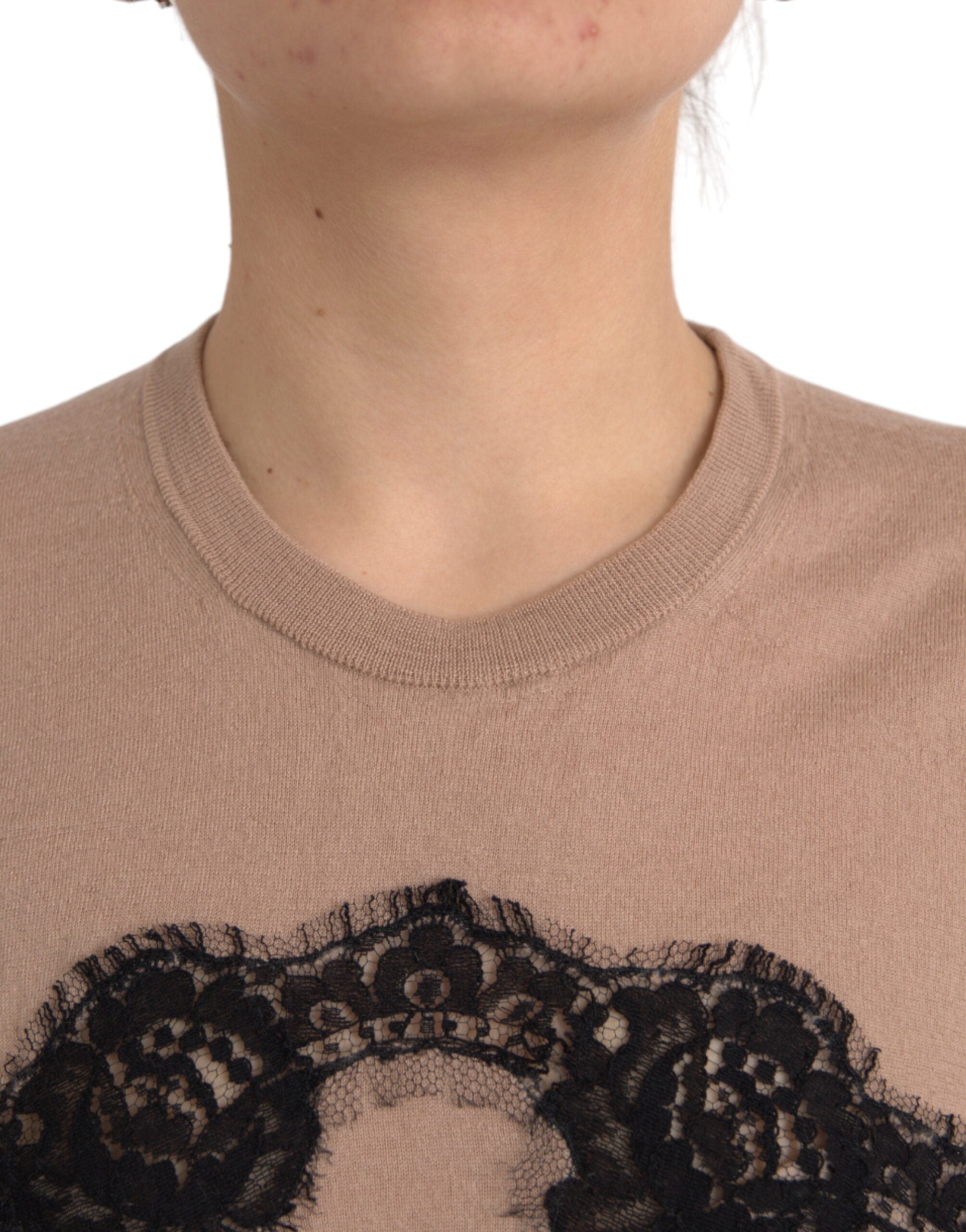 Dolce & Gabbana Brown Wool Black Lace 3/4 Sleeve Blouse Women's Top (Pre-Owned)