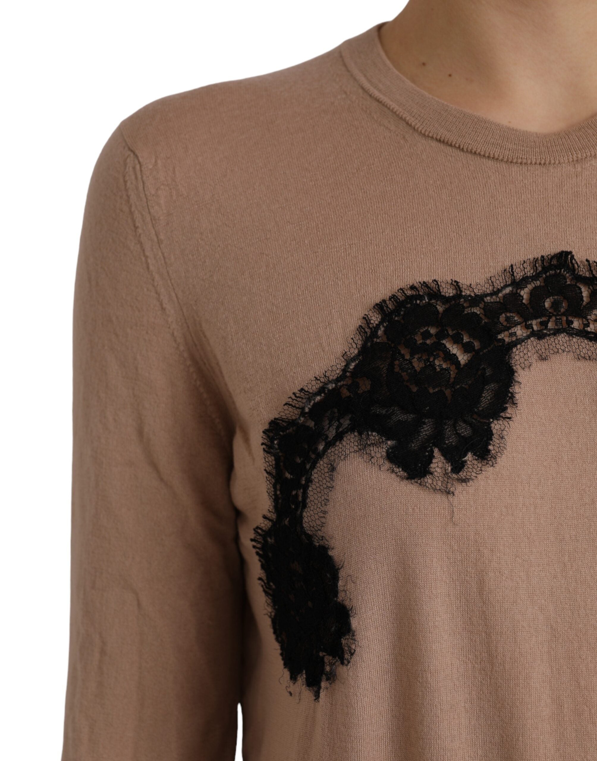 Dolce & Gabbana Brown Wool Black Lace 3/4 Sleeve Blouse Women's Top (Pre-Owned)