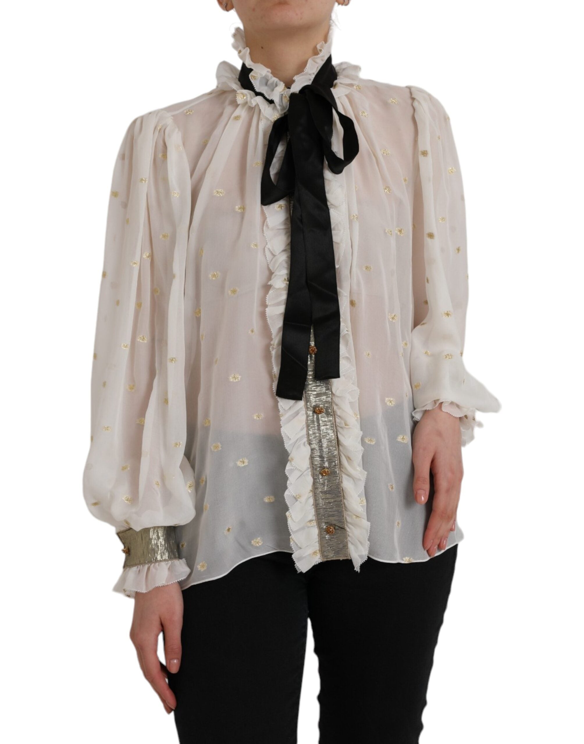 Dolce & Gabbana Off White Silk Blend Ascot Collar Blouse Women's Top