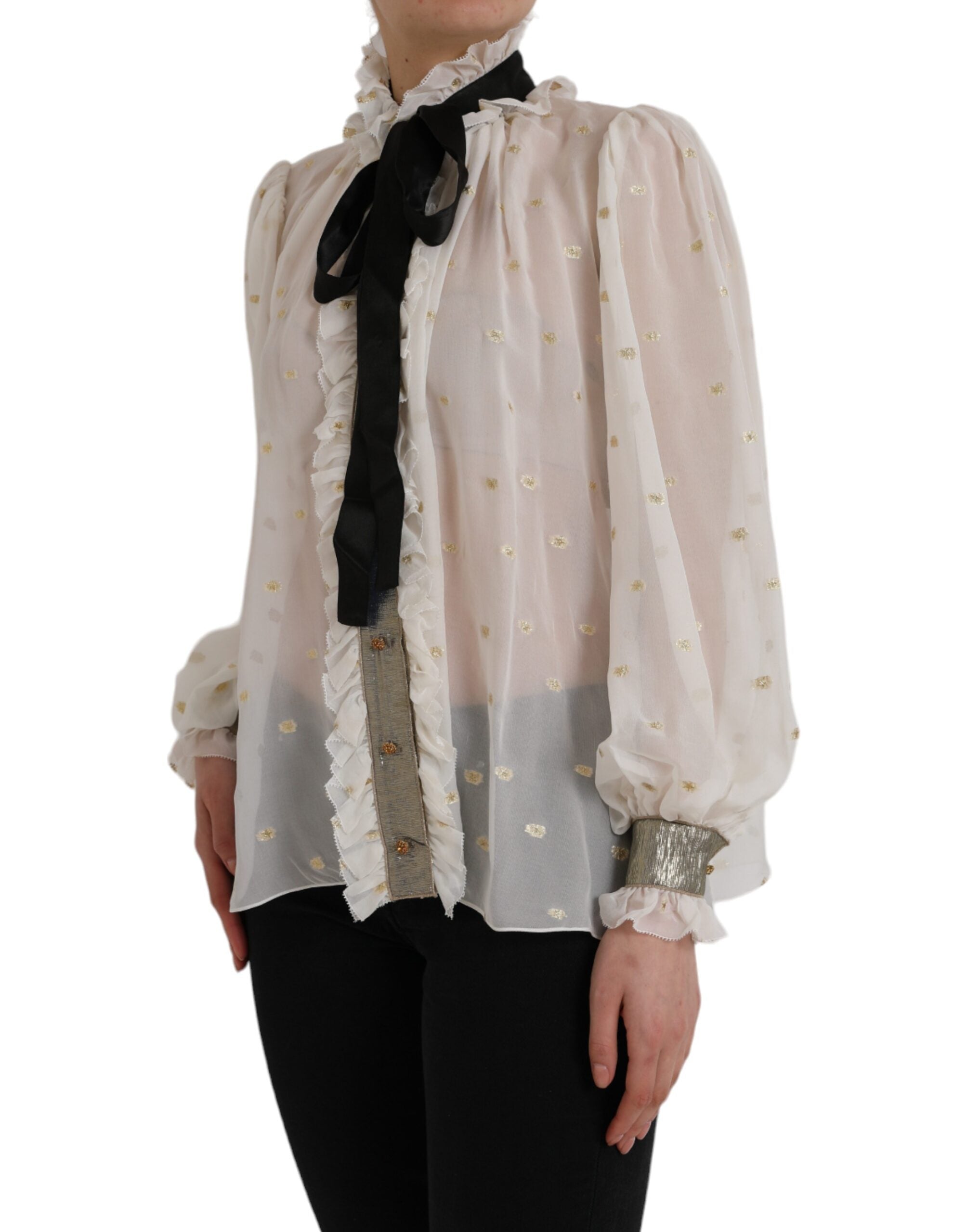 Dolce & Gabbana Off White Silk Blend Ascot Collar Blouse Women's Top