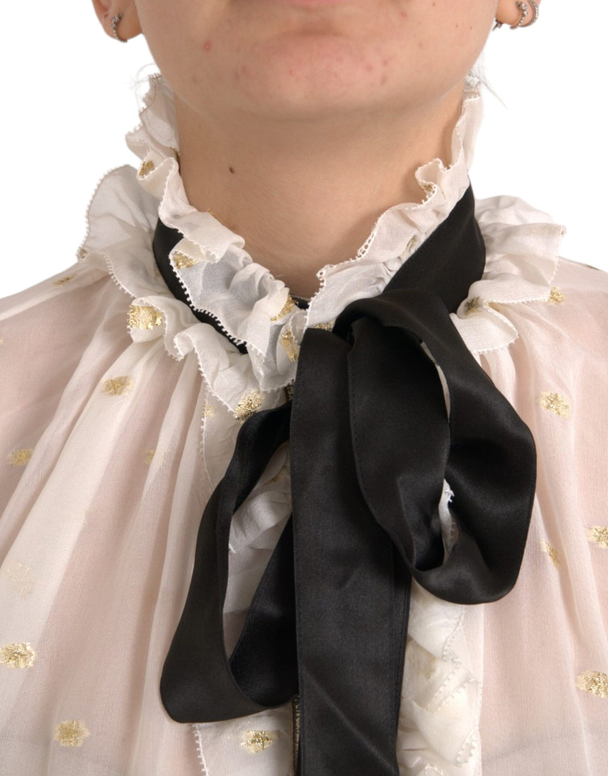 Dolce & Gabbana Off White Silk Blend Ascot Collar Blouse Women's Top