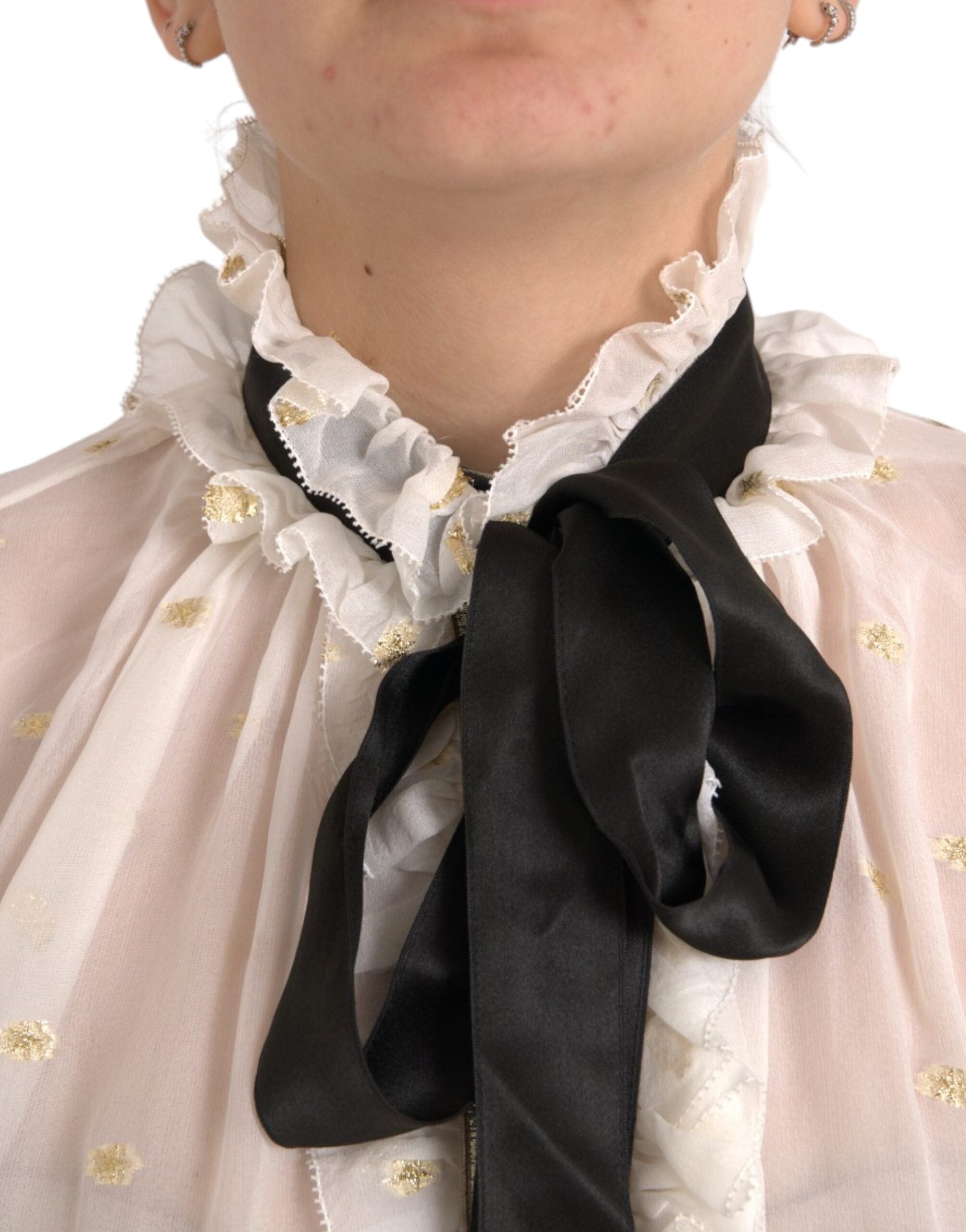 Dolce & Gabbana Off White Silk Blend Ascot Collar Blouse Women's Top