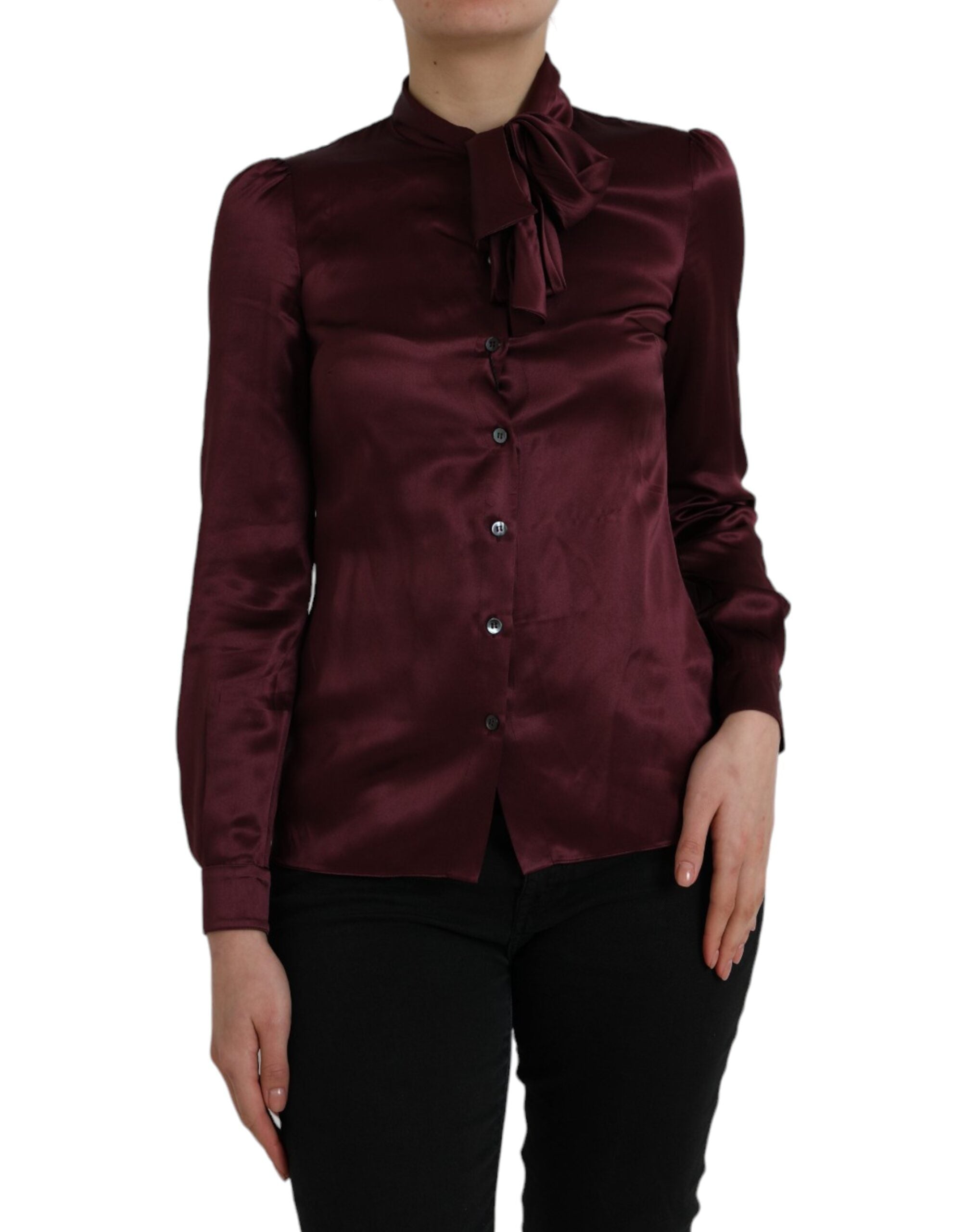Dolce & Gabbana Maroon Ascot Collar Long Sleeve Top Women's Blouse