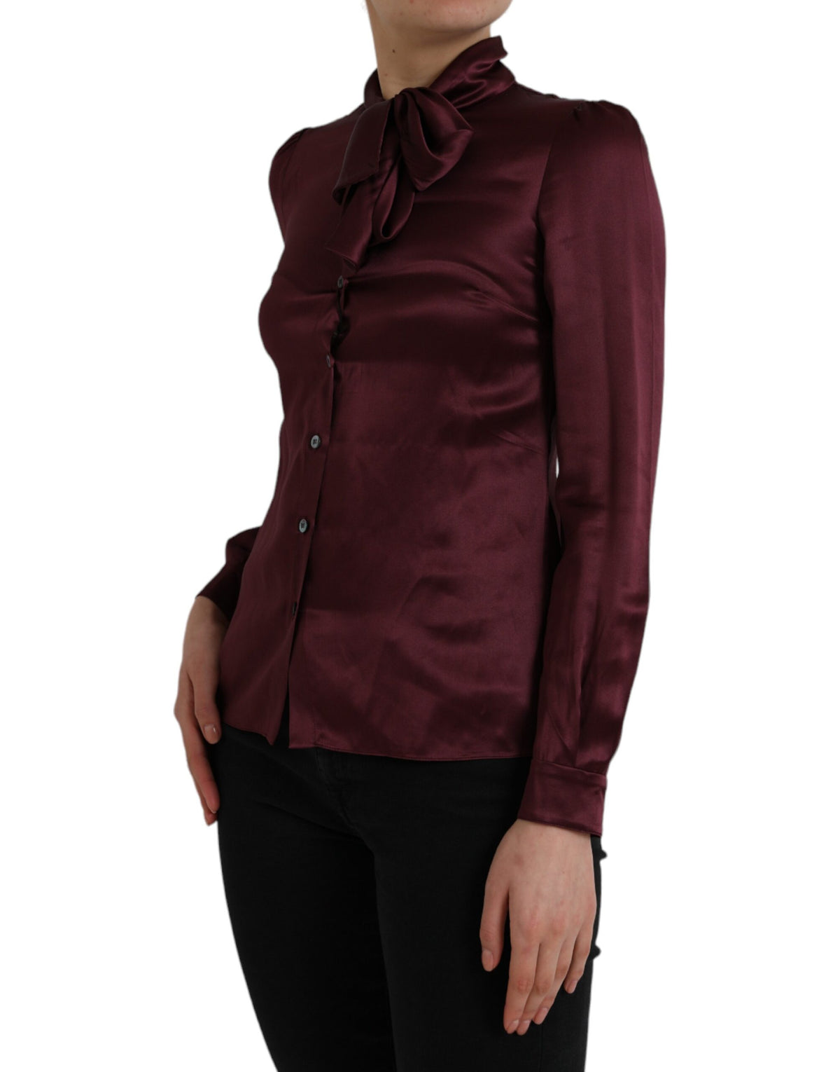 Dolce & Gabbana Maroon Ascot Collar Long Sleeve Top Women's Blouse