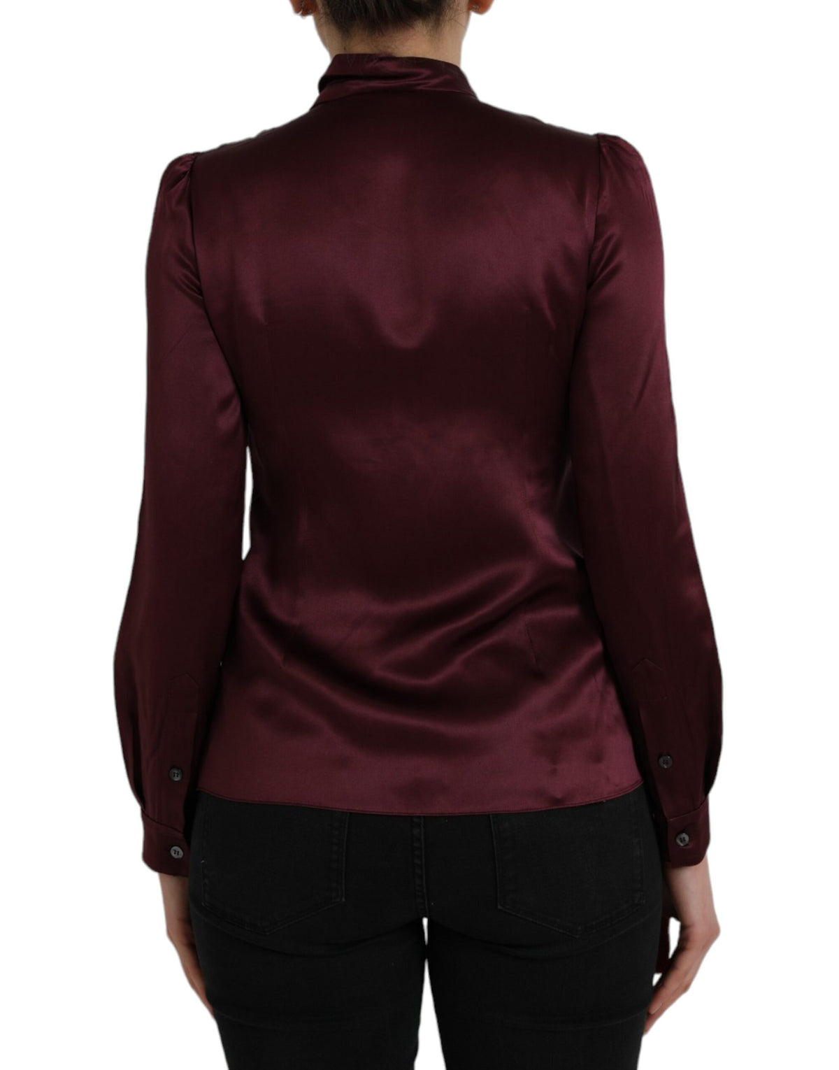 Dolce & Gabbana Maroon Ascot Collar Long Sleeve Top Women's Blouse