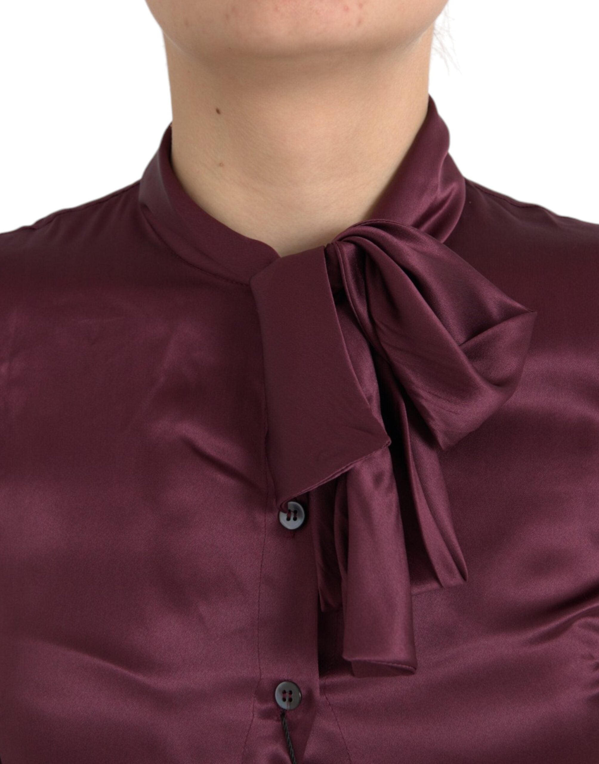 Dolce & Gabbana Maroon Ascot Collar Long Sleeve Top Women's Blouse