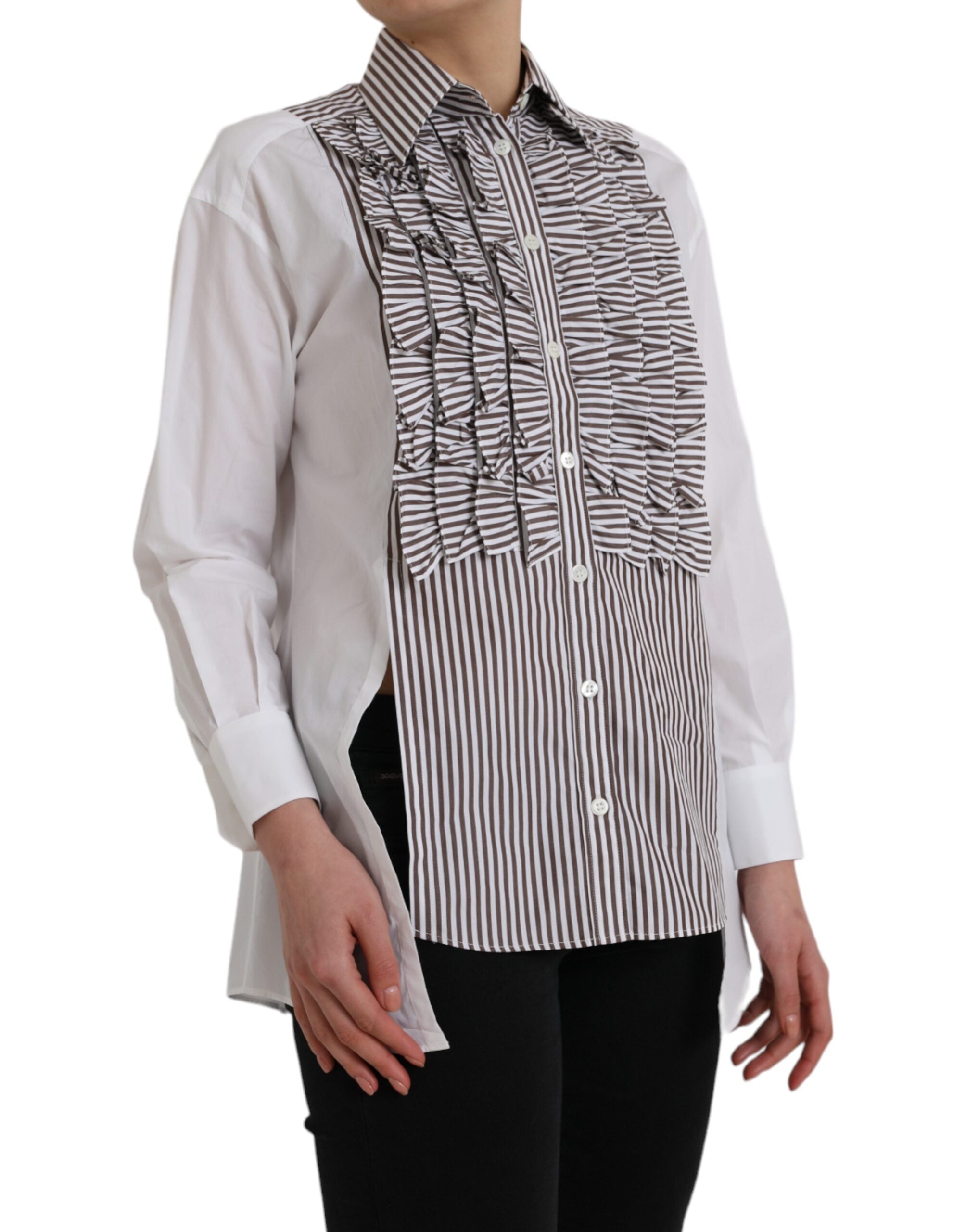 Dolce & Gabbana White Stripes Cotton Long Sleeves Ruffle Collar Women's Top