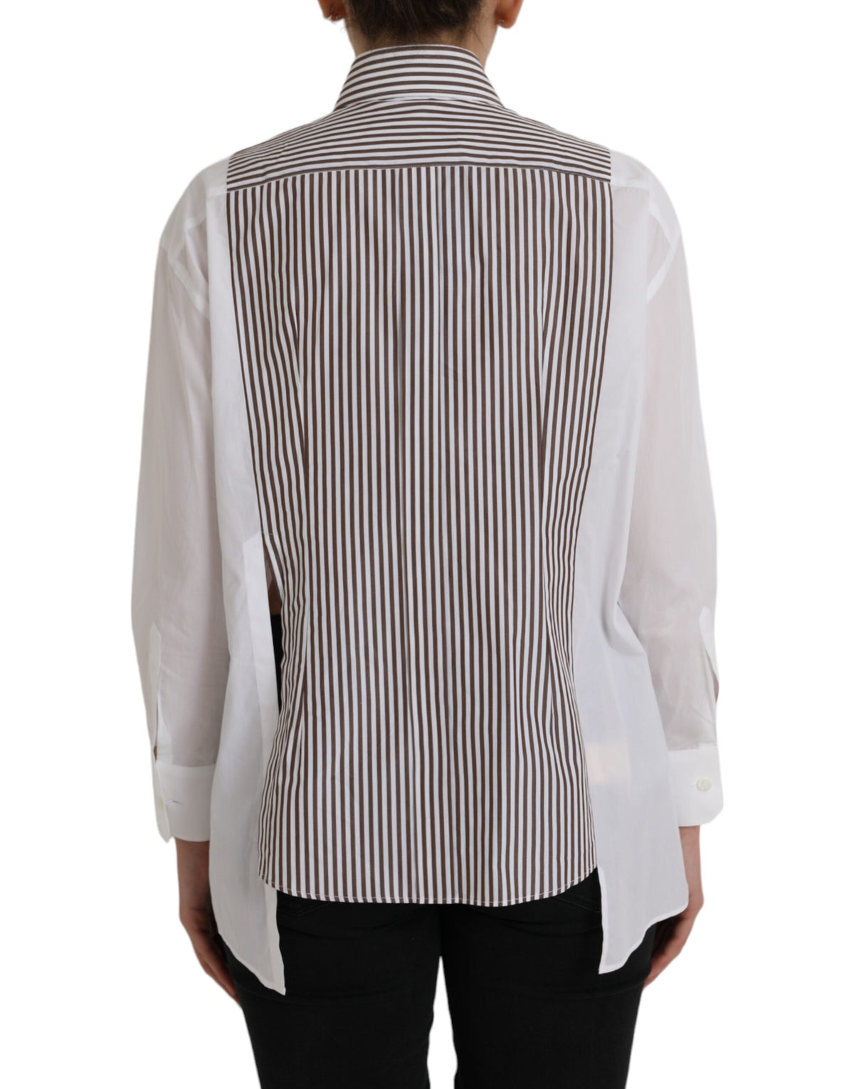 Dolce & Gabbana White Stripes Cotton Long Sleeves Ruffle Collar Women's Top