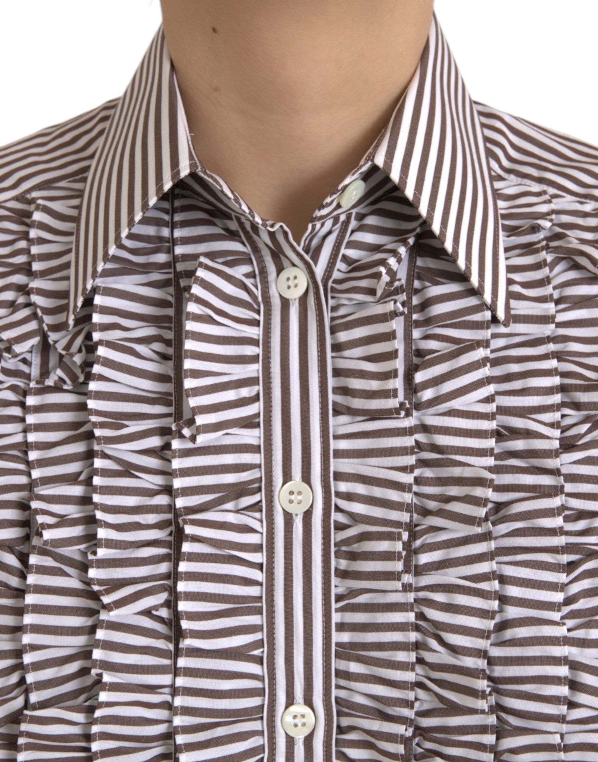 Dolce & Gabbana White Stripes Cotton Long Sleeves Ruffle Collar Women's Top