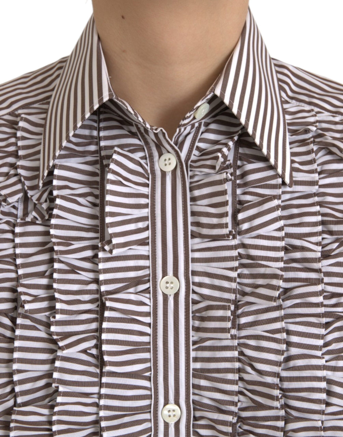 Dolce & Gabbana White Stripes Cotton Long Sleeves Ruffle Collar Women's Top